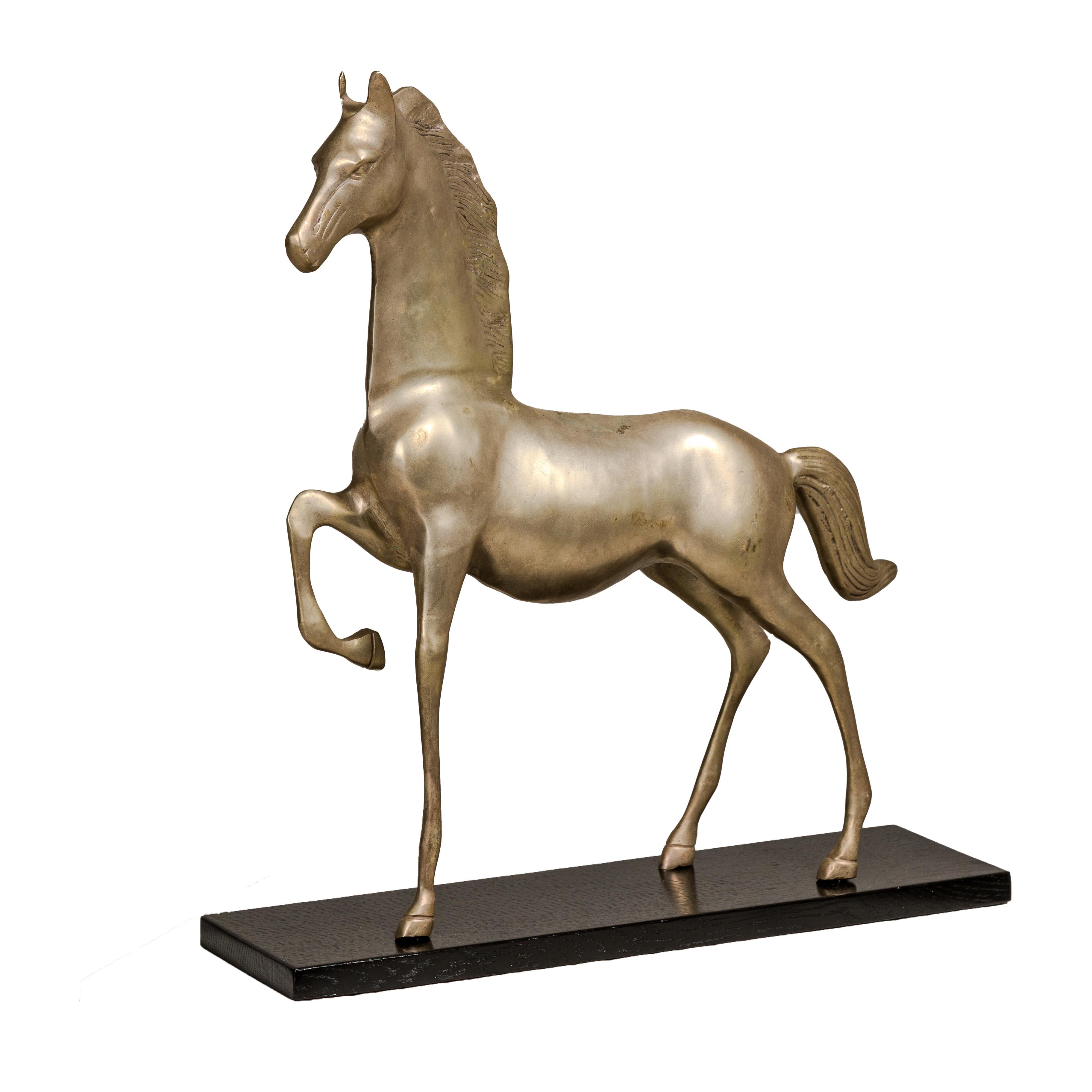Vintage Silver over Brass Walking Horse Statuette on Ebonized Oak Base For Sale 9