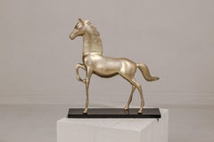 Vintage Silver over Brass Walking Horse Statuette on Ebonized Oak Base