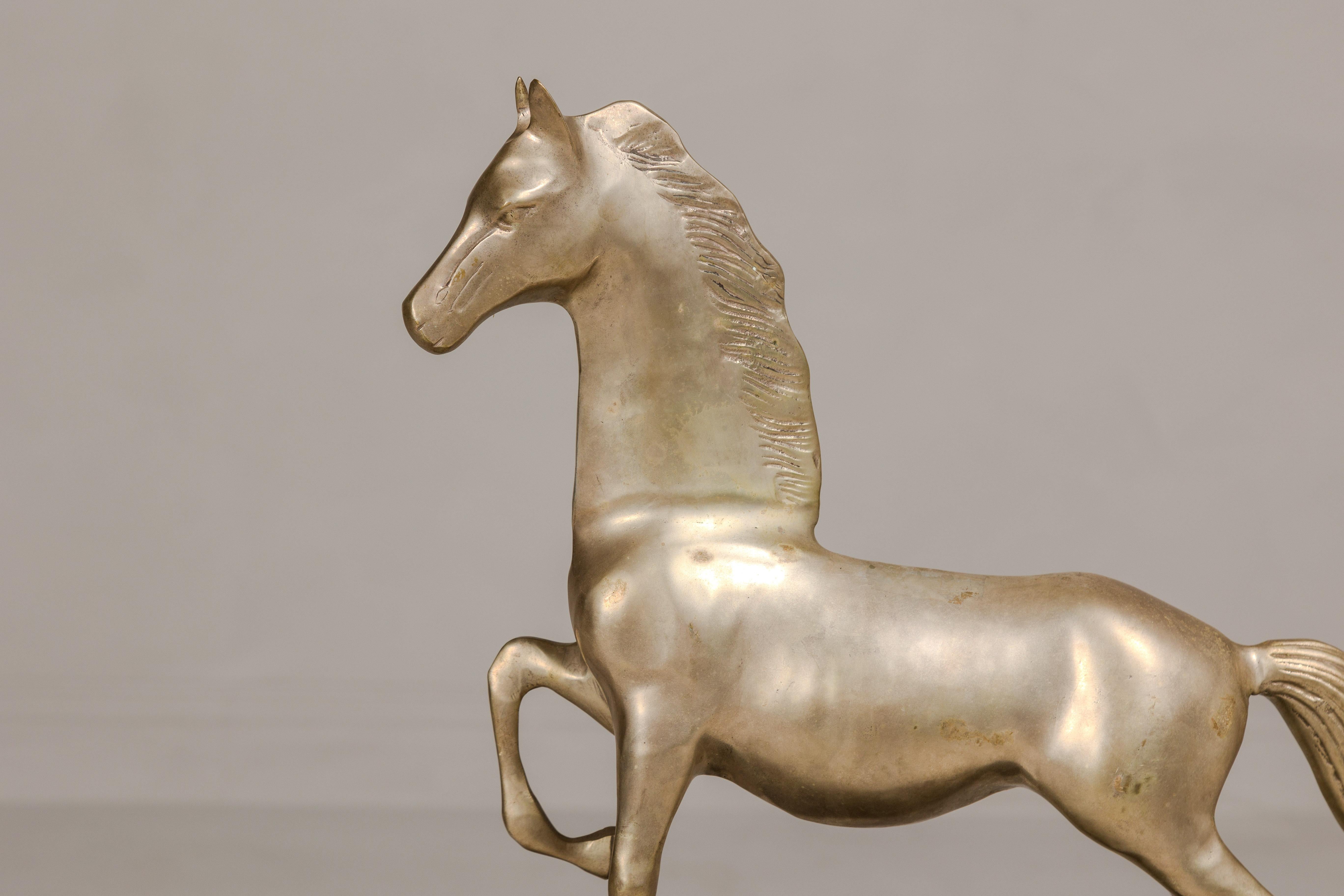 Vintage Silver over Brass Walking Horse Statuette on Ebonized Oak Base In Good Condition For Sale In Yonkers, NY