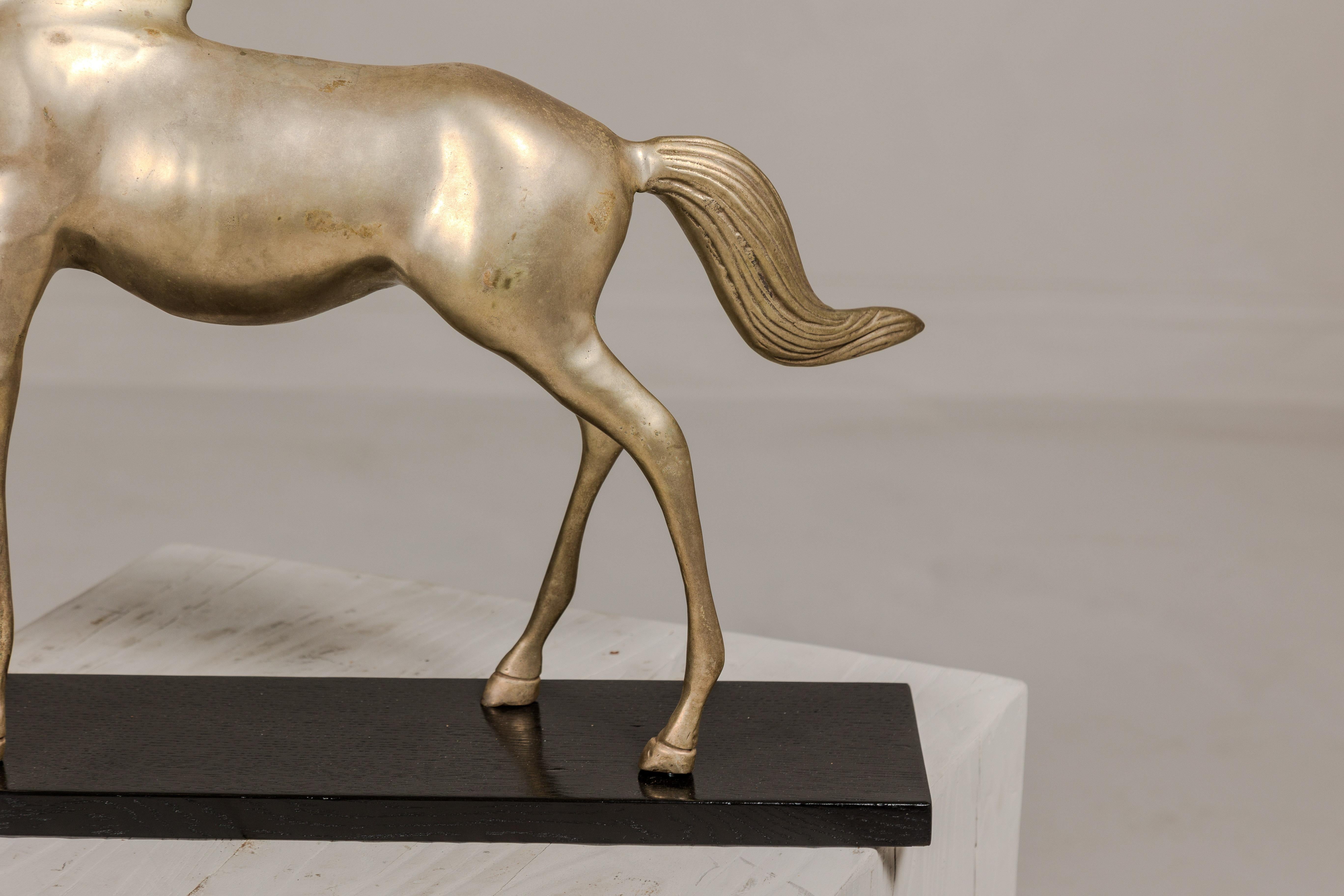 20th Century Vintage Silver over Brass Walking Horse Statuette on Ebonized Oak Base For Sale