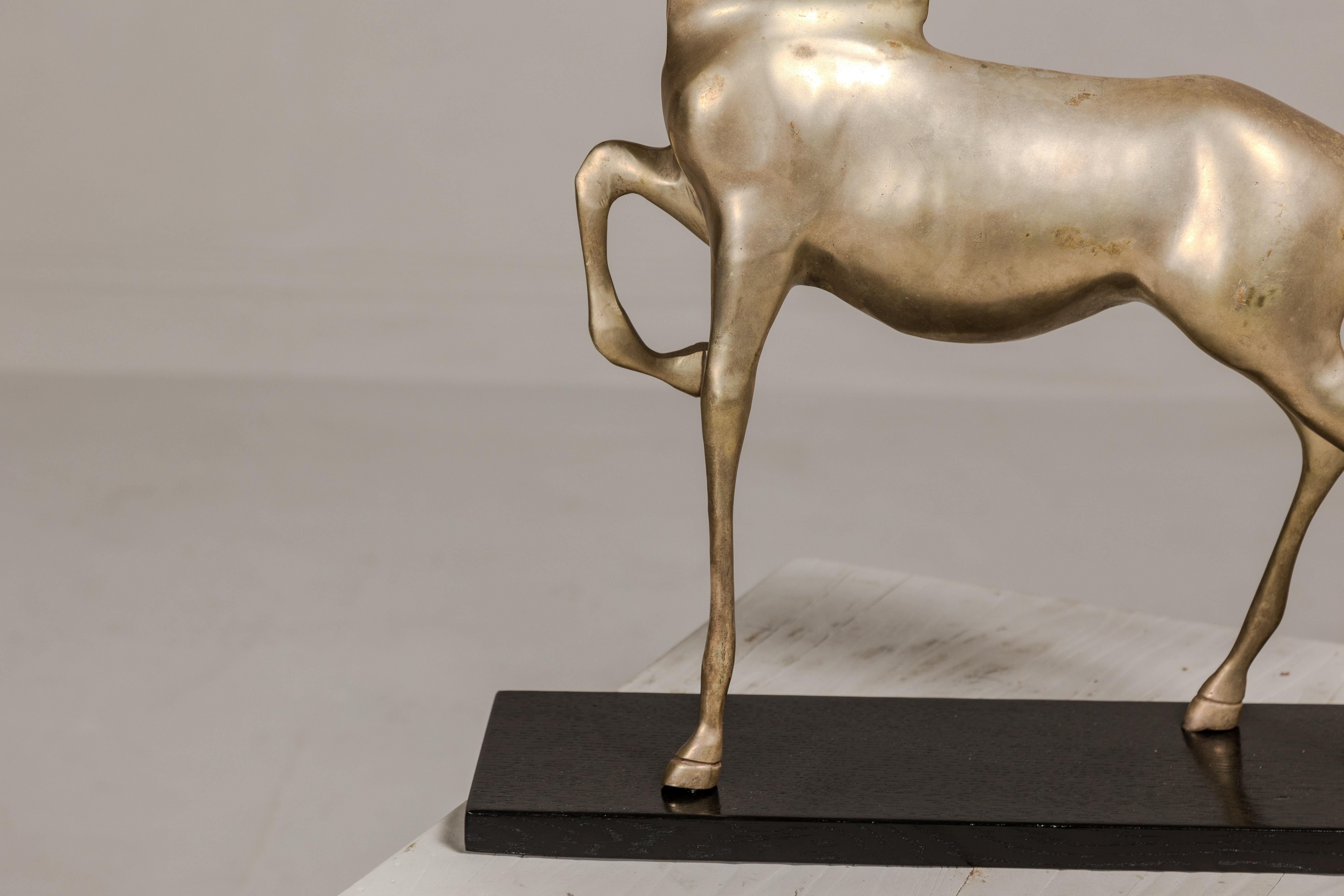 Vintage Silver over Brass Walking Horse Statuette on Ebonized Oak Base For Sale 1