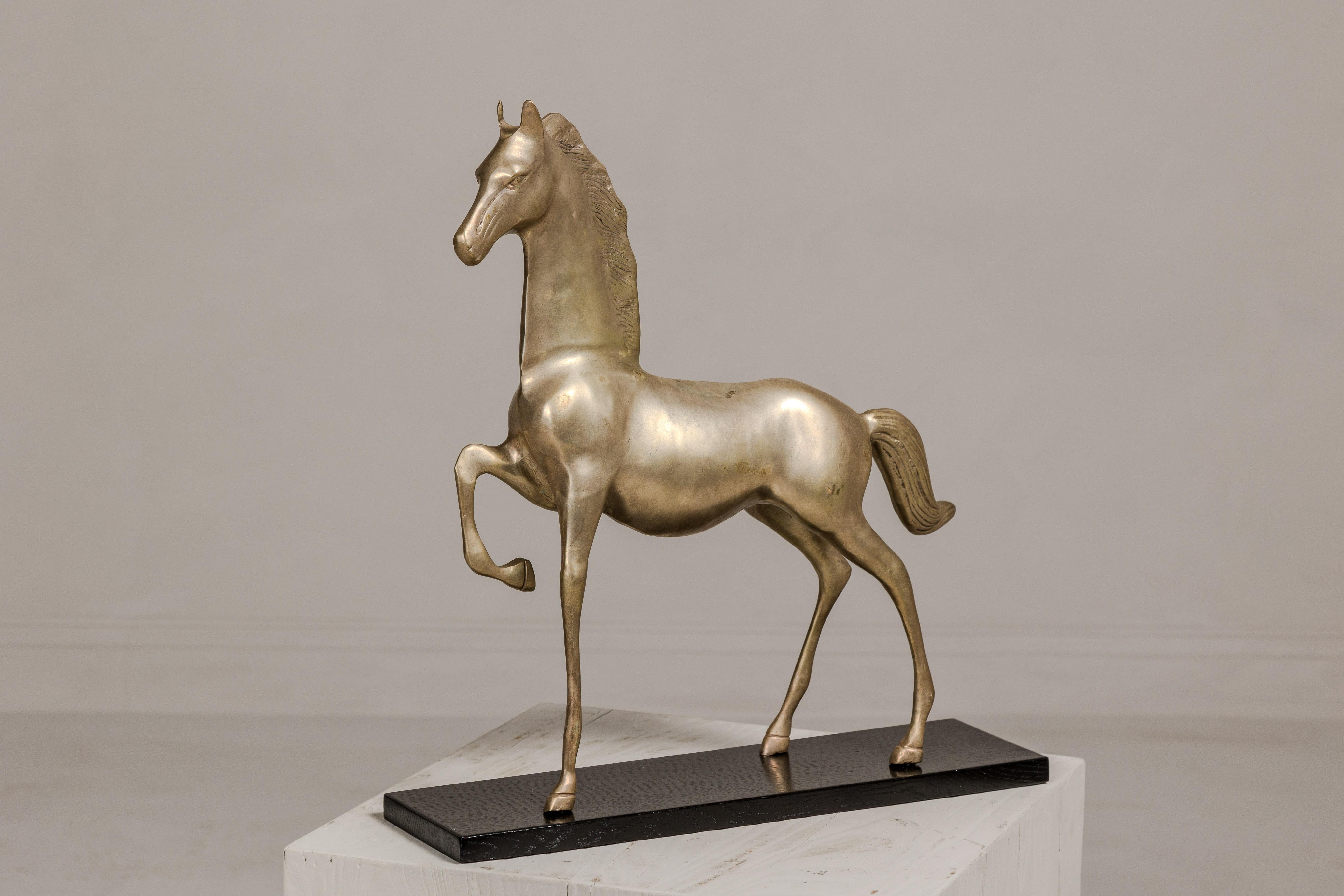 Vintage Silver over Brass Walking Horse Statuette on Ebonized Oak Base For Sale 3