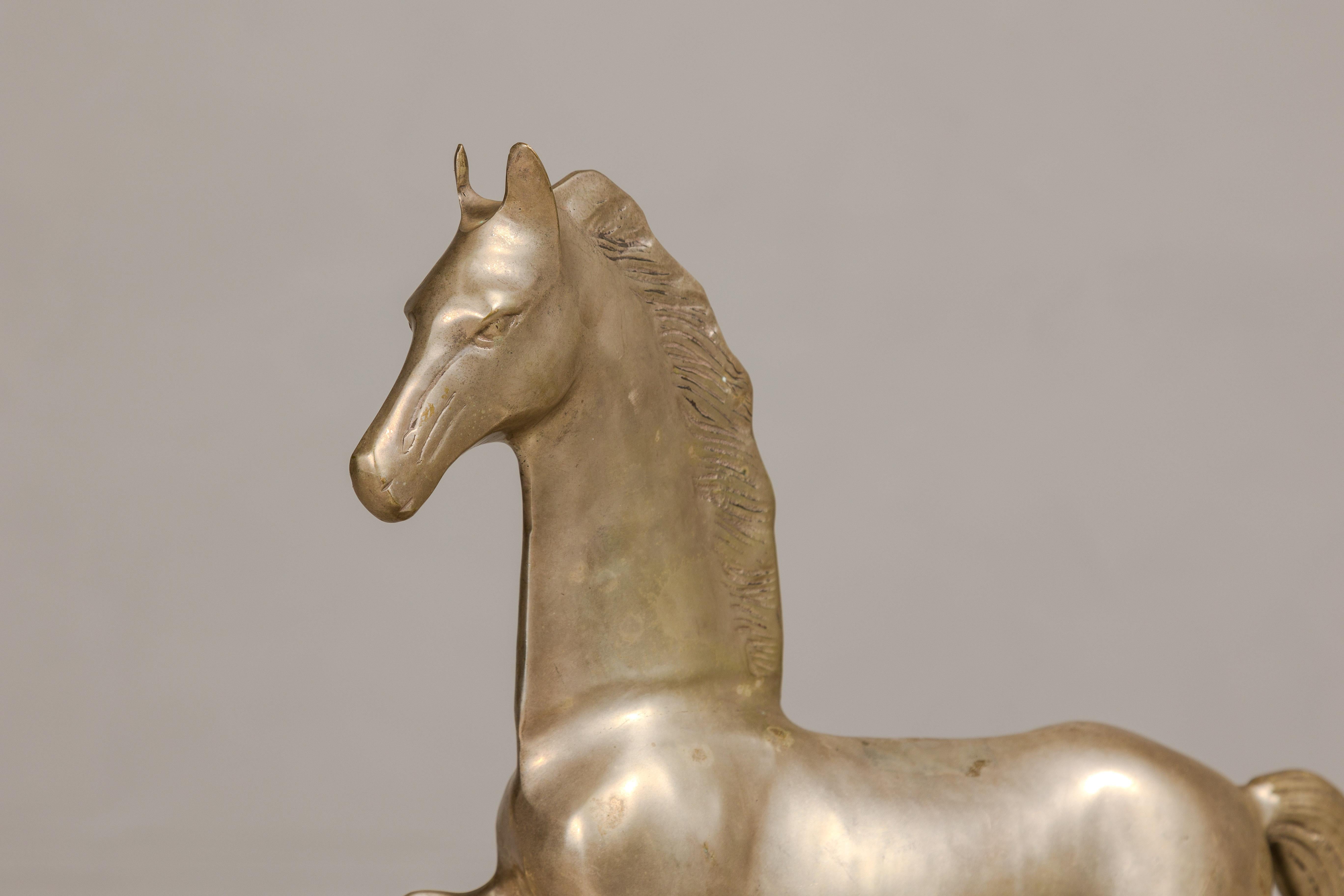 Vintage Silver over Brass Walking Horse Statuette on Ebonized Oak Base For Sale 4