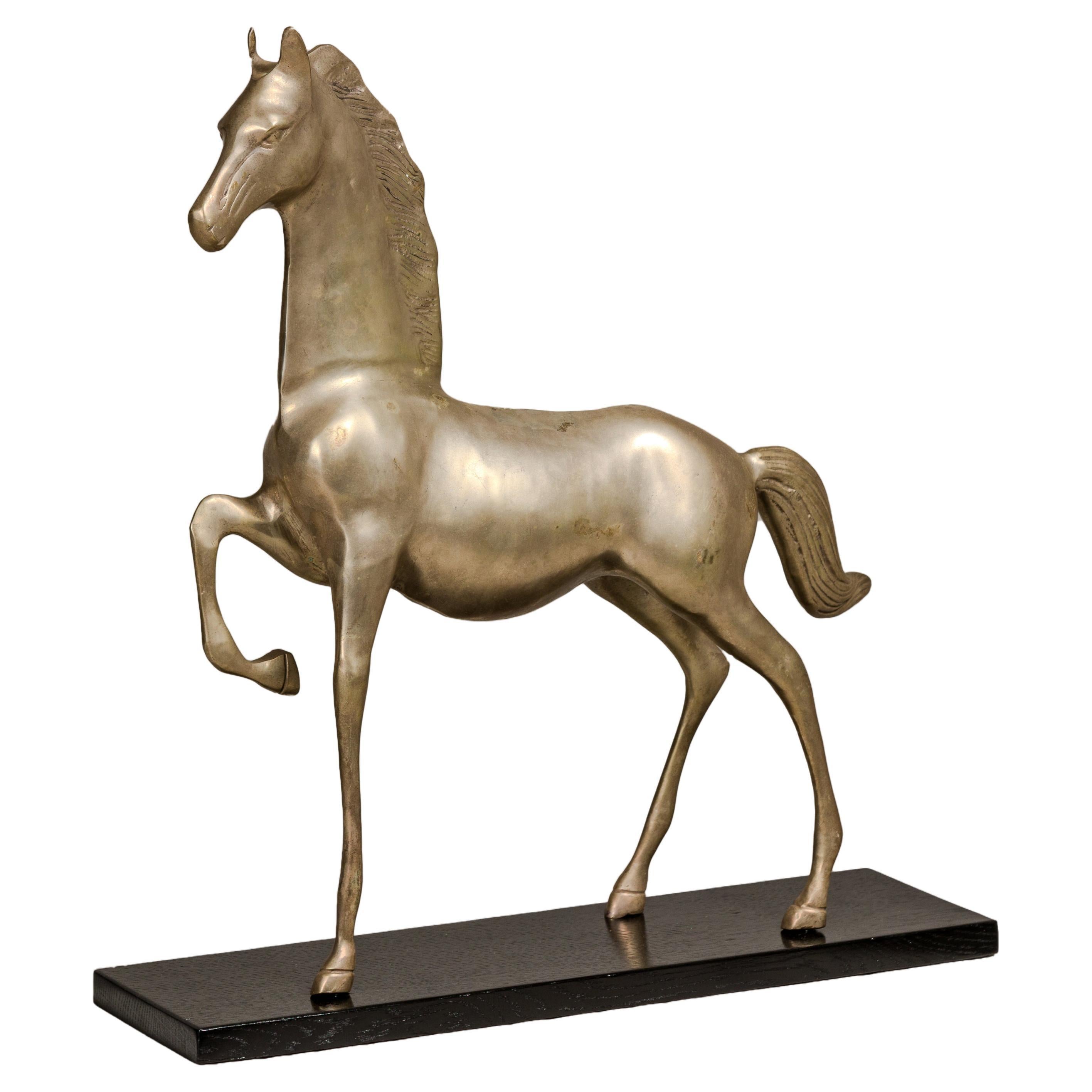 Vintage Silver over Brass Walking Horse Statuette on Ebonized Oak Base For Sale
