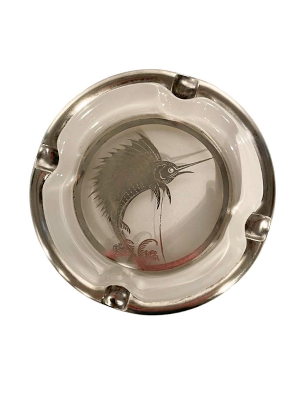 American Vintage Silver Overlay Glass Ashtray w/ Sailfish, Unusual Large Size, 8