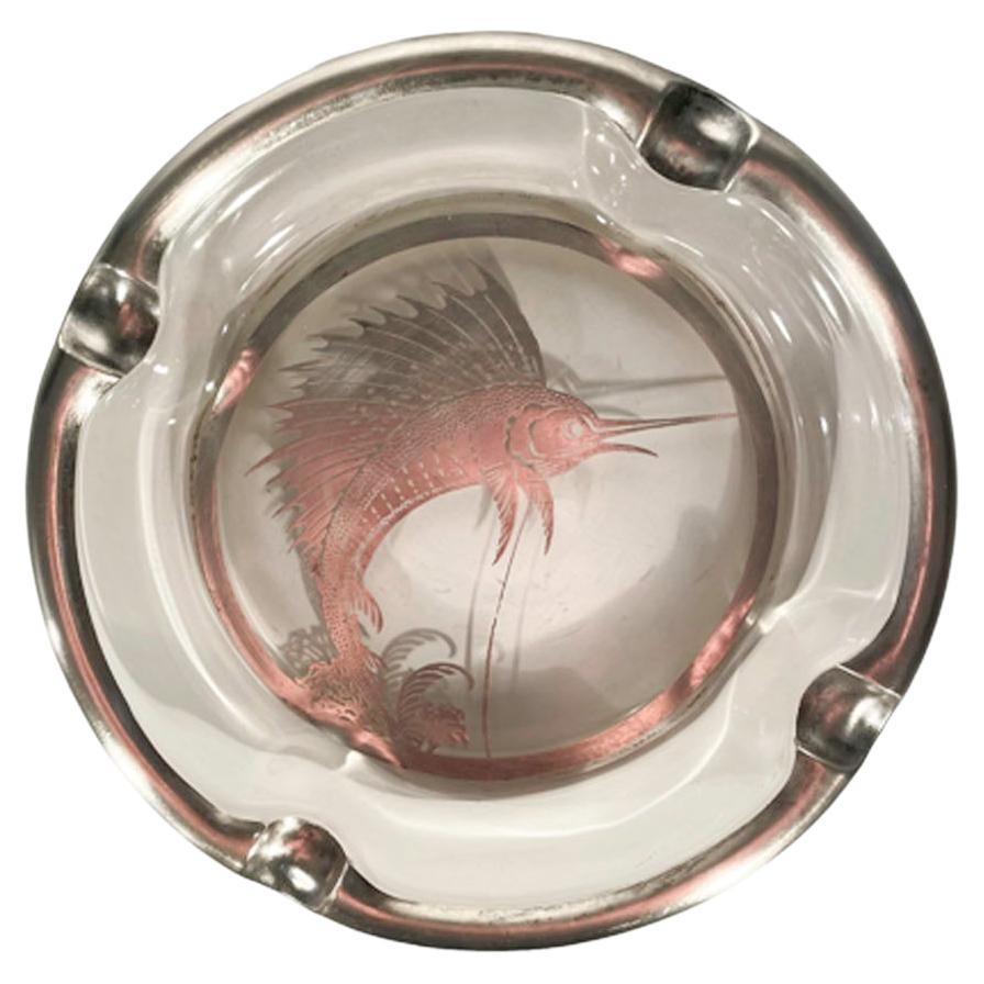 Vintage Silver Overlay Glass Ashtray w/ Sailfish, Unusual Large Size, 8" For Sale