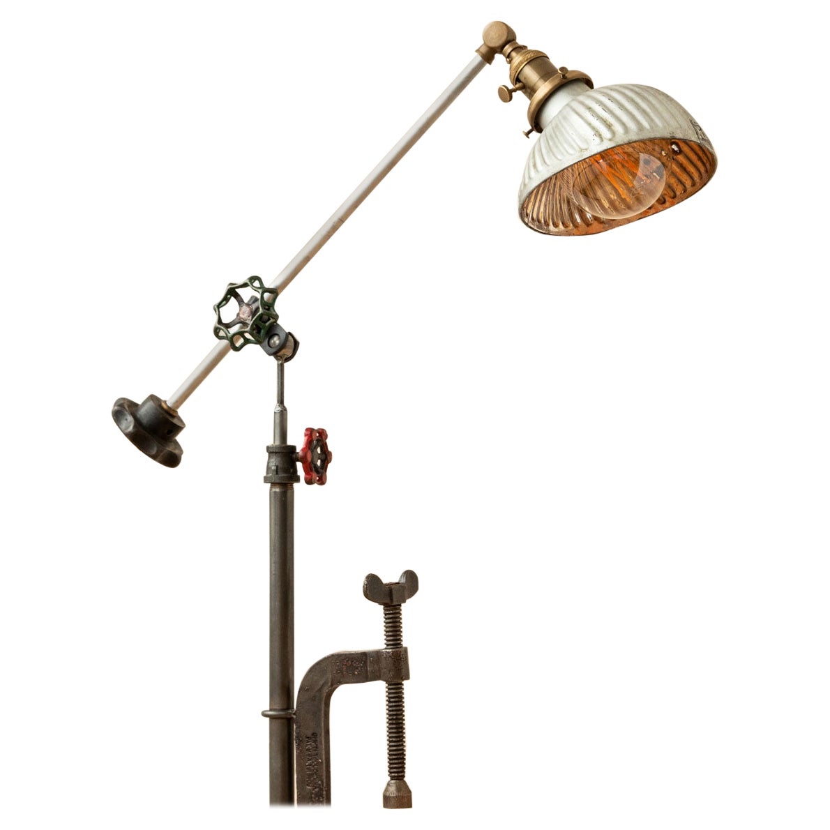 Vintage Silver Painted Mirror Glass and Steel Clamp Table Lamp