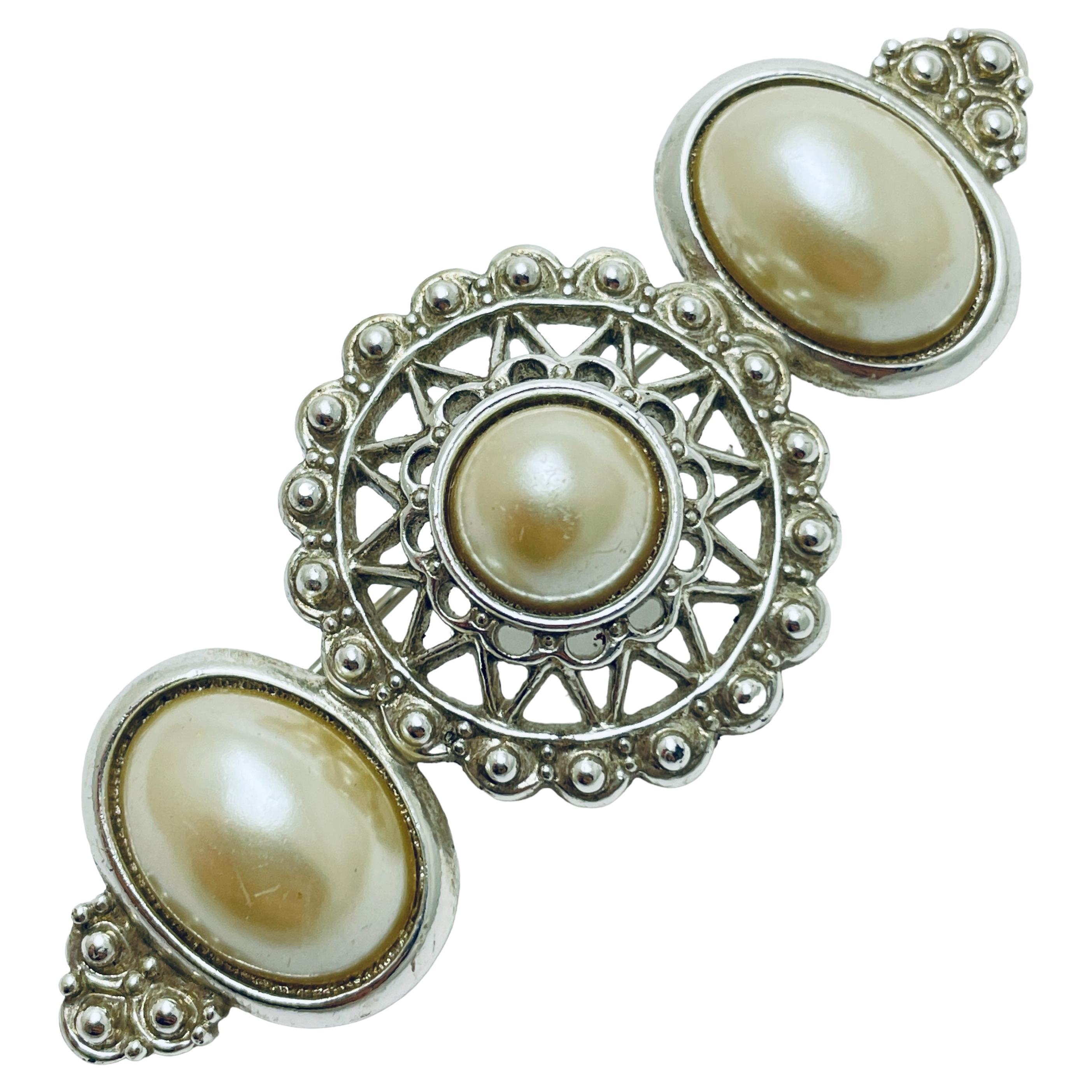 Vintage silver pearls designer runway brooch For Sale