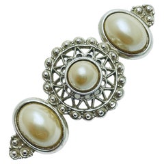 Used silver pearls designer runway brooch