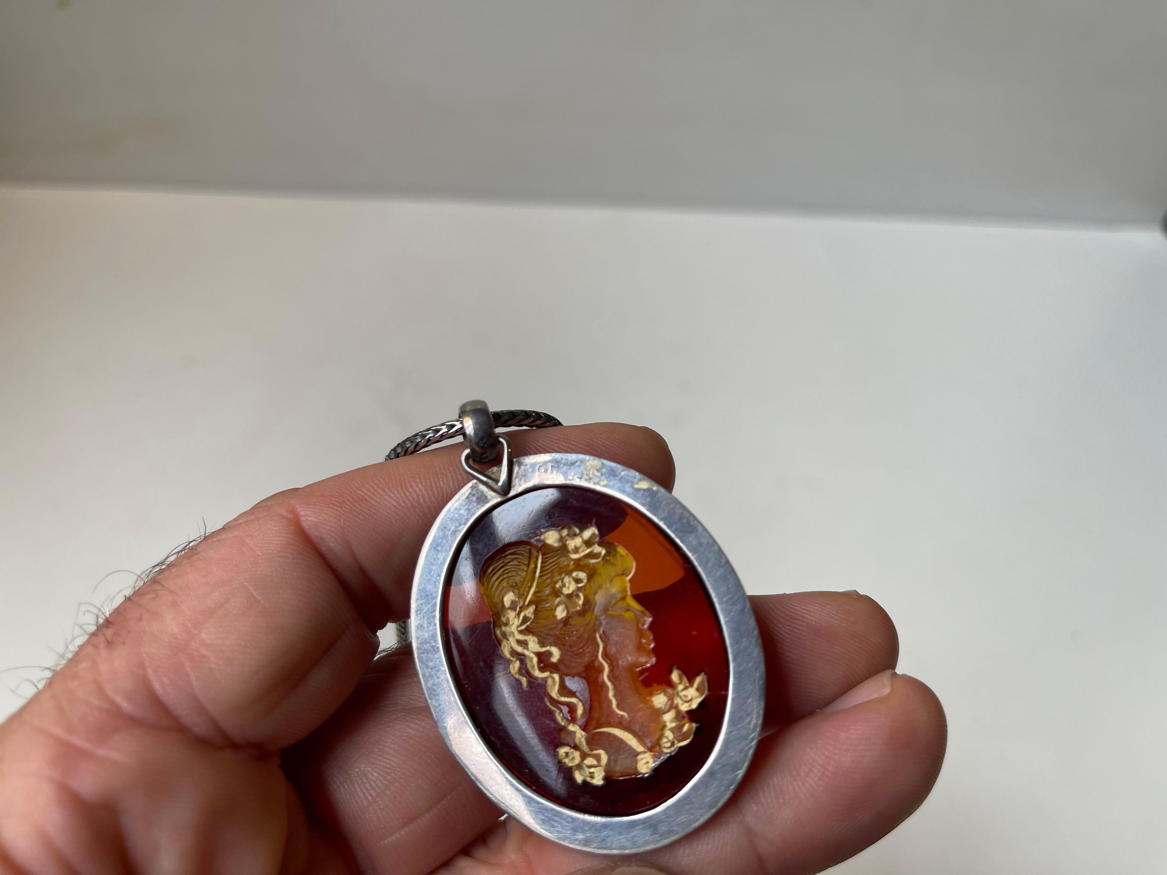 European Vintage Silver Pendant Necklace with Baltic Reverse Honey Amber Cameo For Sale