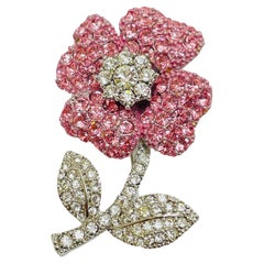 Vintage silver pink crystal flower designer brooch pendant