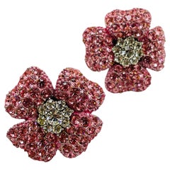 Vintage silver pink crystal flower designer pierced clip on earrings