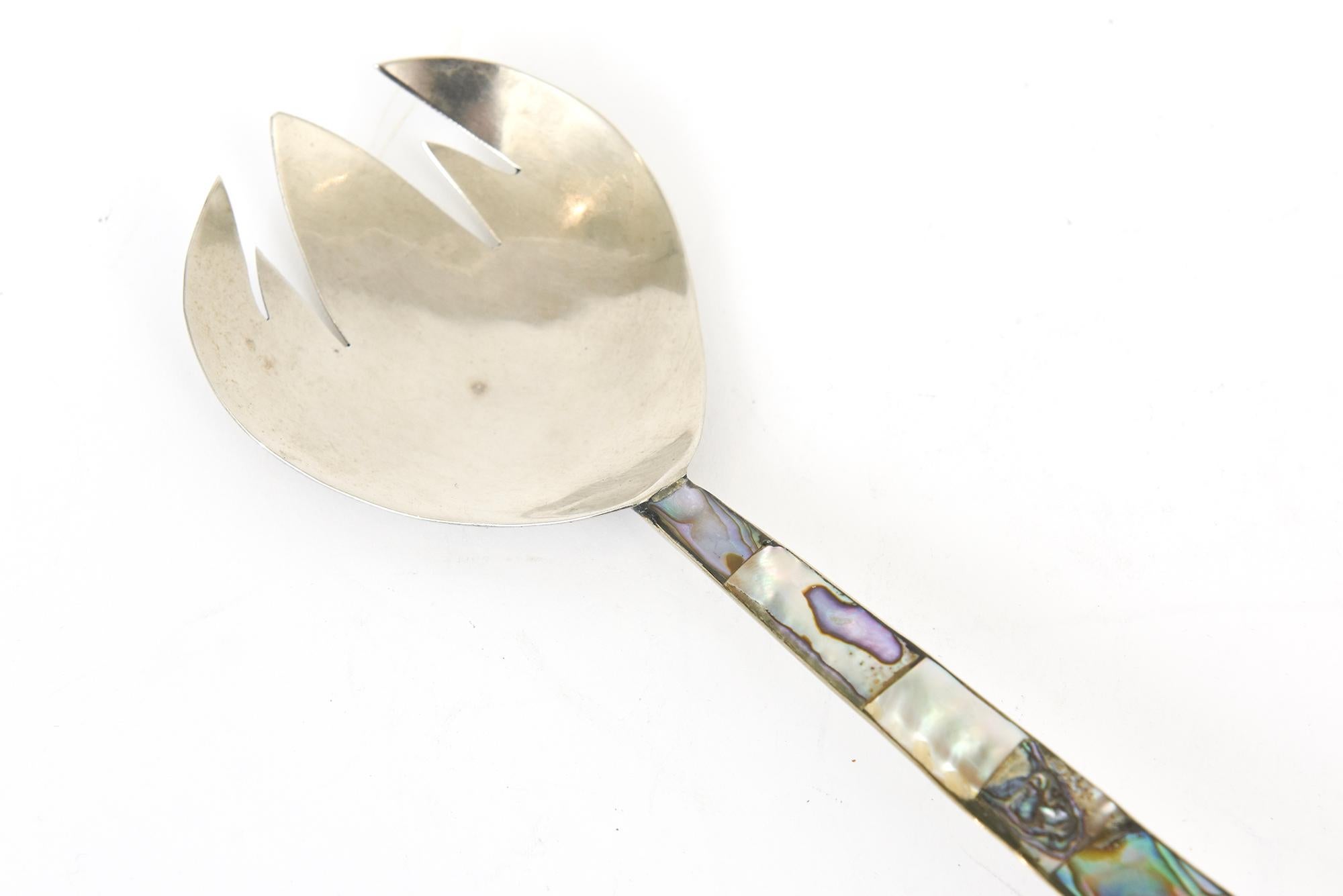 Forchette e cucchiai d'argento e abalone d'epoca, servitori per insalate In condizioni buone in vendita a North Miami, FL