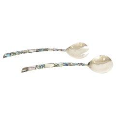 Vintage Silber-Platte und Abalone Gabel und Löffel servieren Pieces, Salat-Servierer