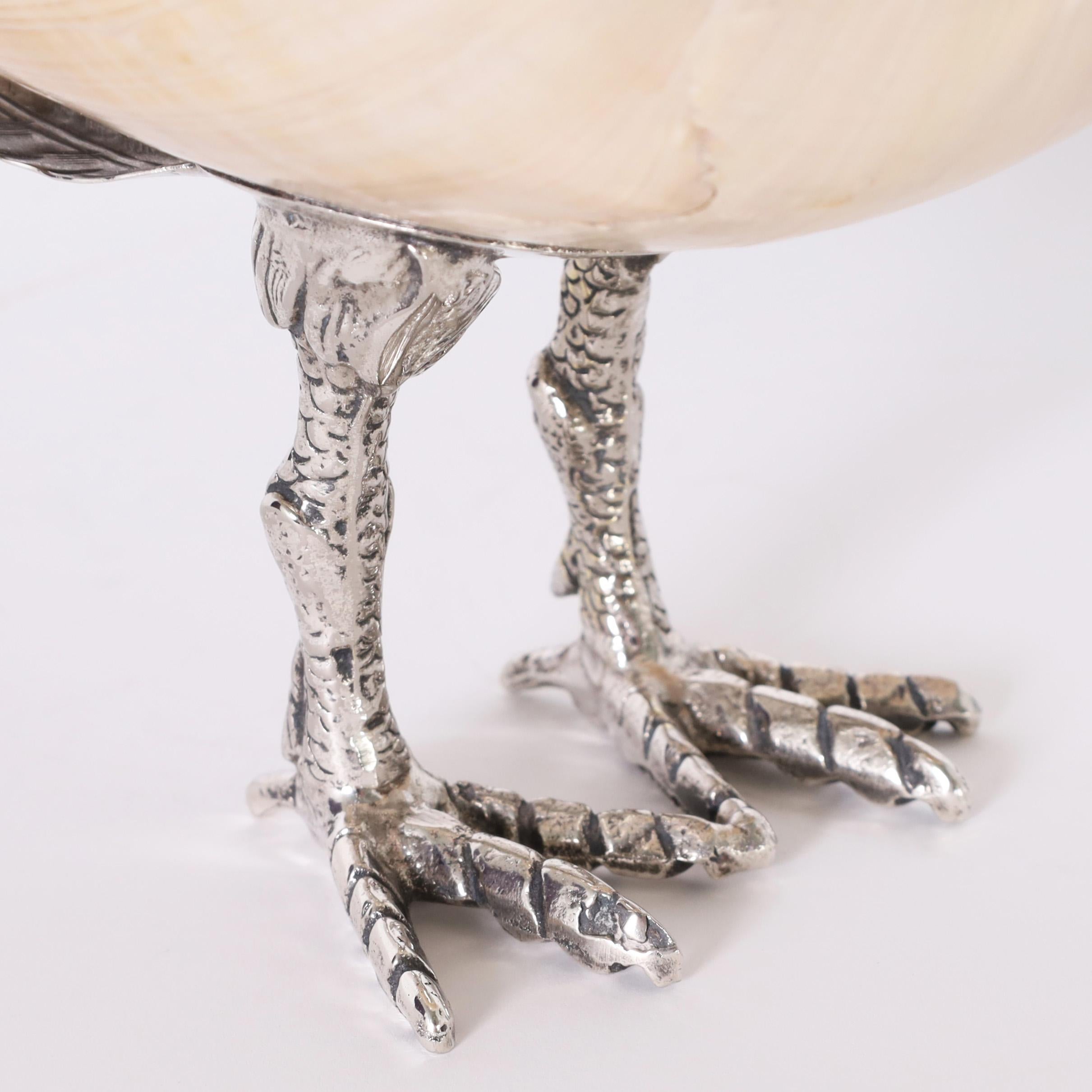 Sculpture d'oiseau vintage en métal argenté et coquillage de conque par Binazzi 2
