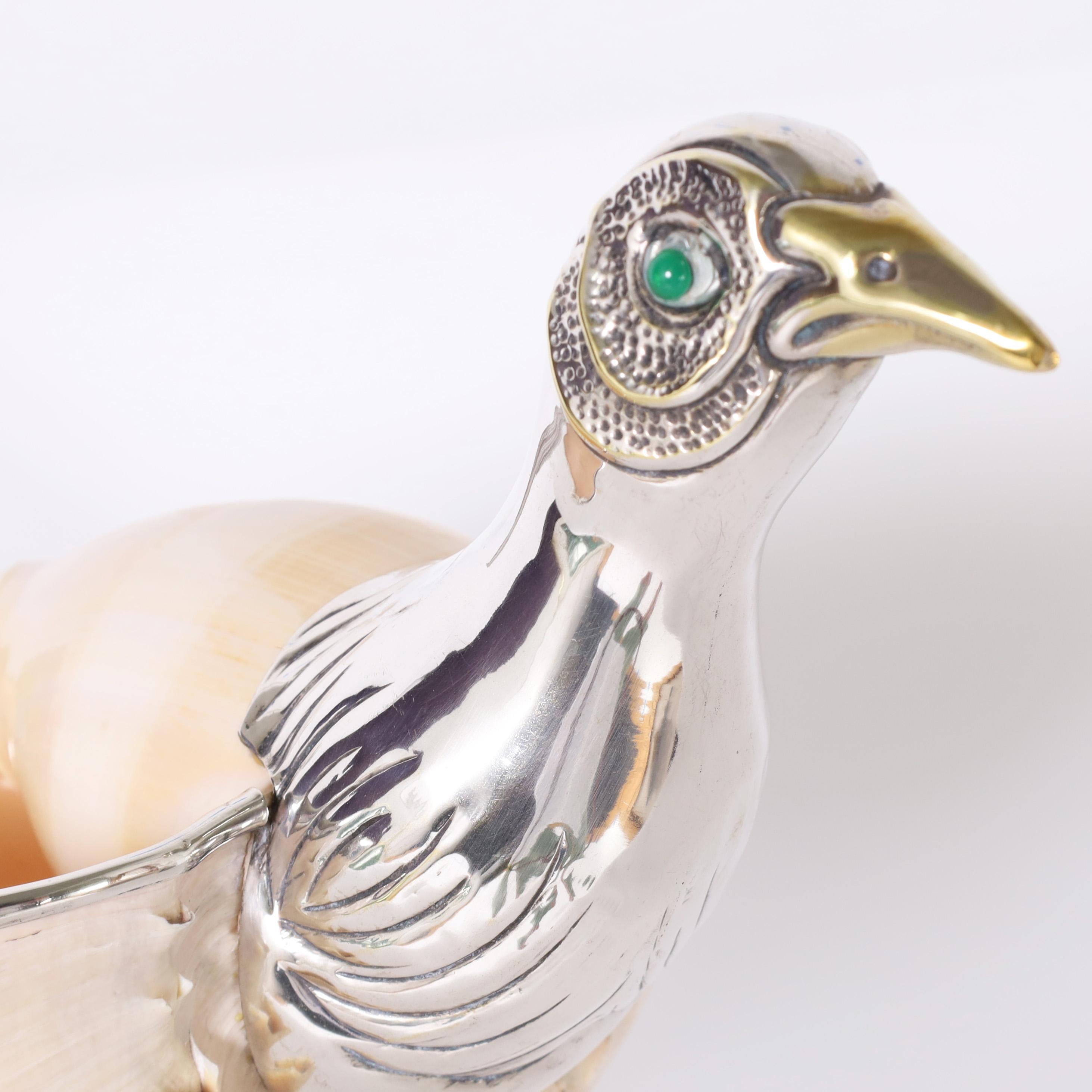 Italian Vintage Silver Plate and Conch Shell Bird Sculpture by Binazzi For Sale