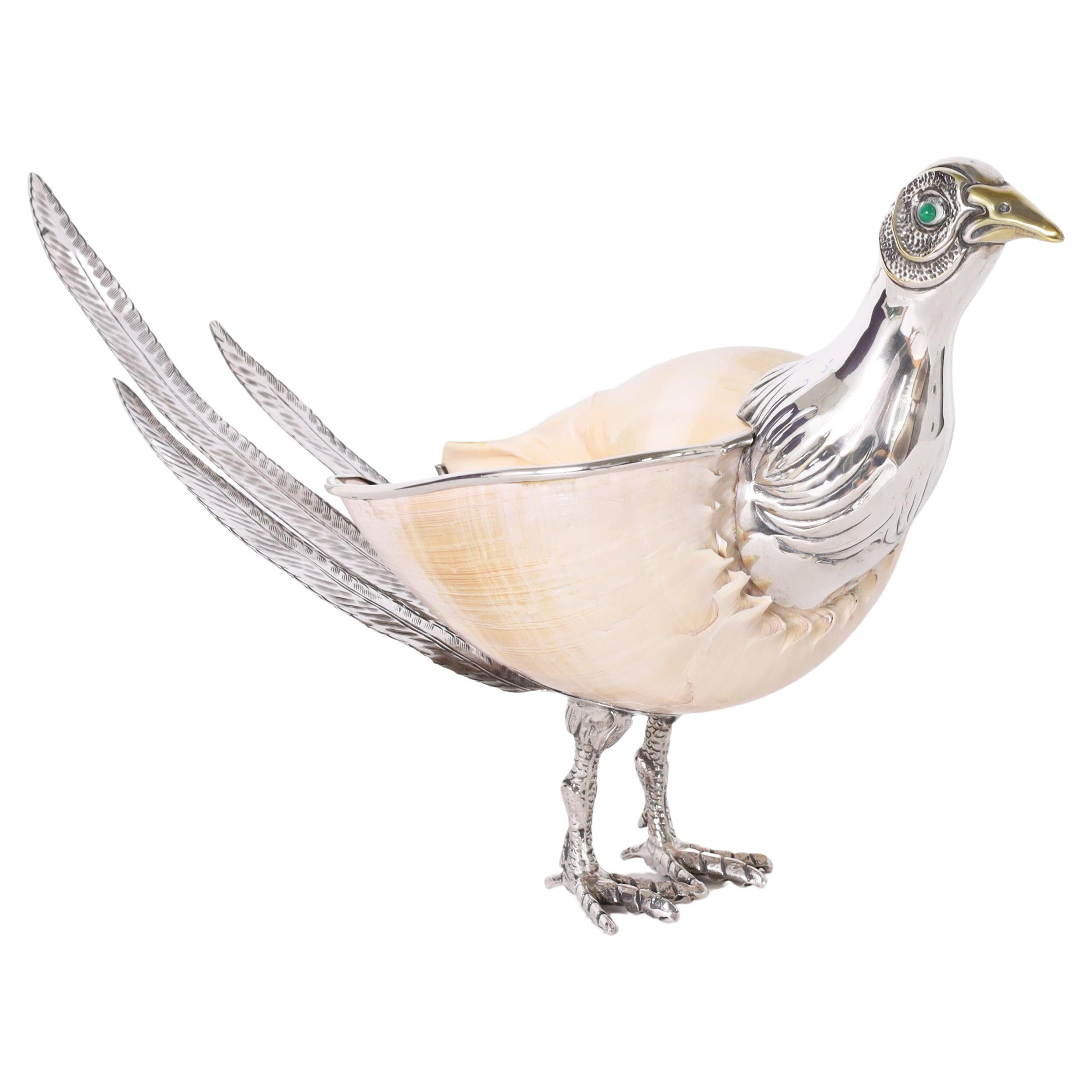 Sculpture d'oiseau vintage en métal argenté et coquillage de conque par Binazzi