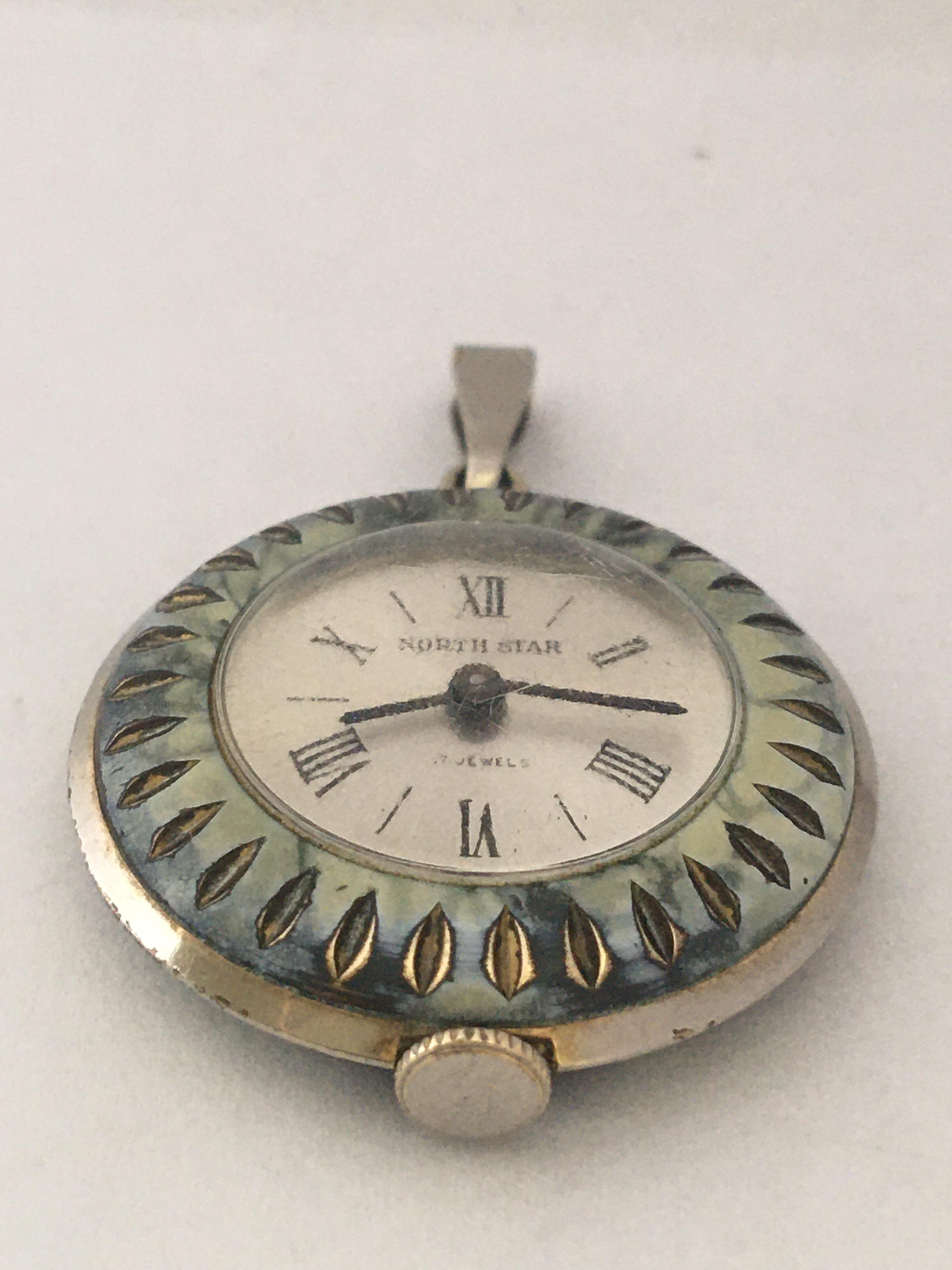 Women's or Men's Vintage Silver Plate and Enamel Mechanical Pendant Watch