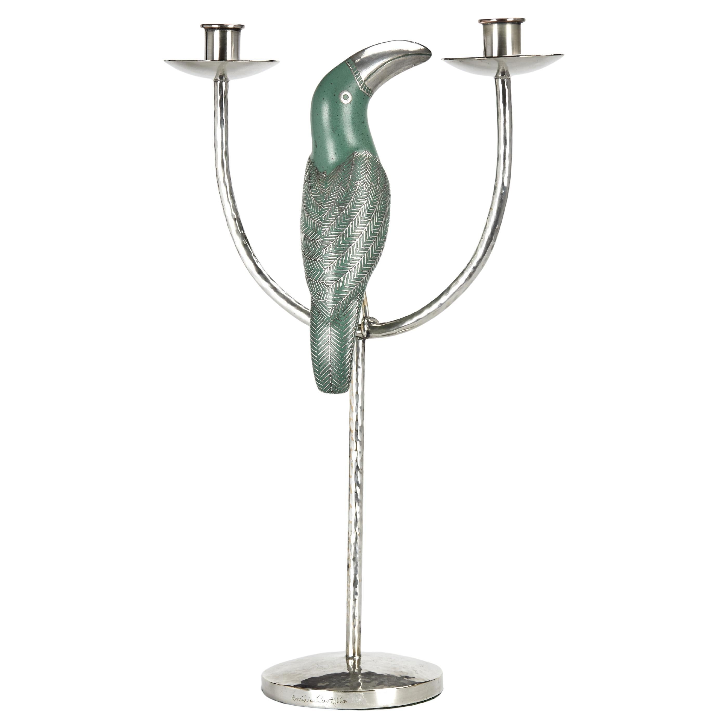 Vintage Silver Plate Candelabra with Toucan by Emilia Castillo
