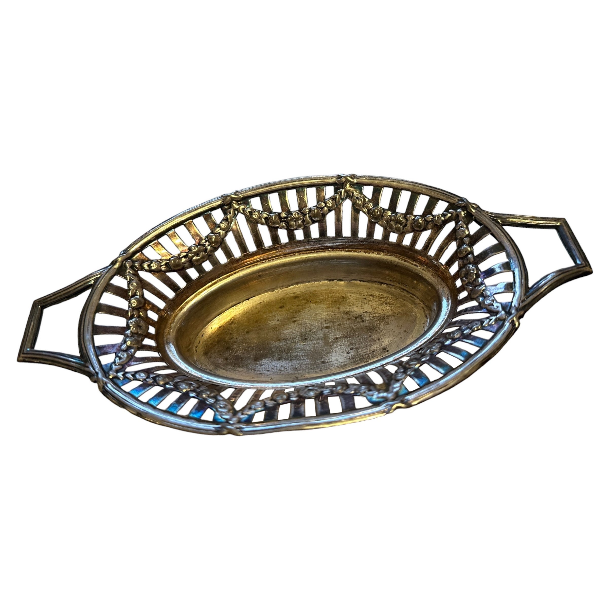 Plateau panier à bonbons vintage en métal argenté, années 1910, Allemagne ou Autriche