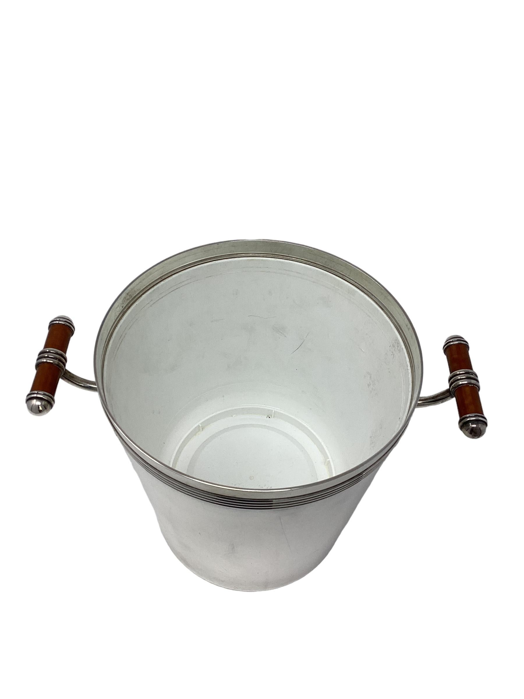 Vintage Silver Plate Christofle Talisman Brown Sienna Ice Bucket In Good Condition In Chapel Hill, NC