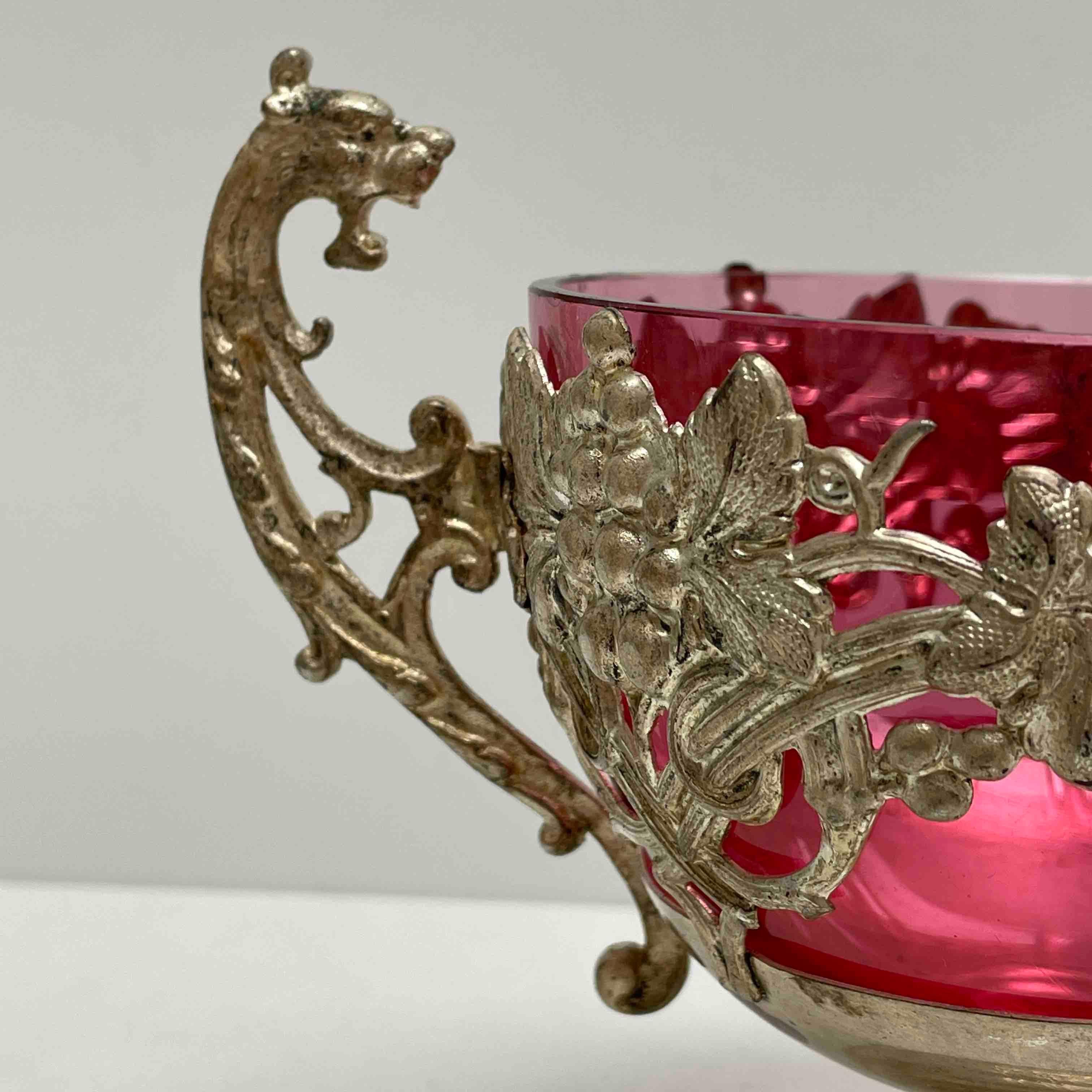 Art Nouveau Vintage Silver Plate Dragon Handle and Pink Glass Catchall, 1910s