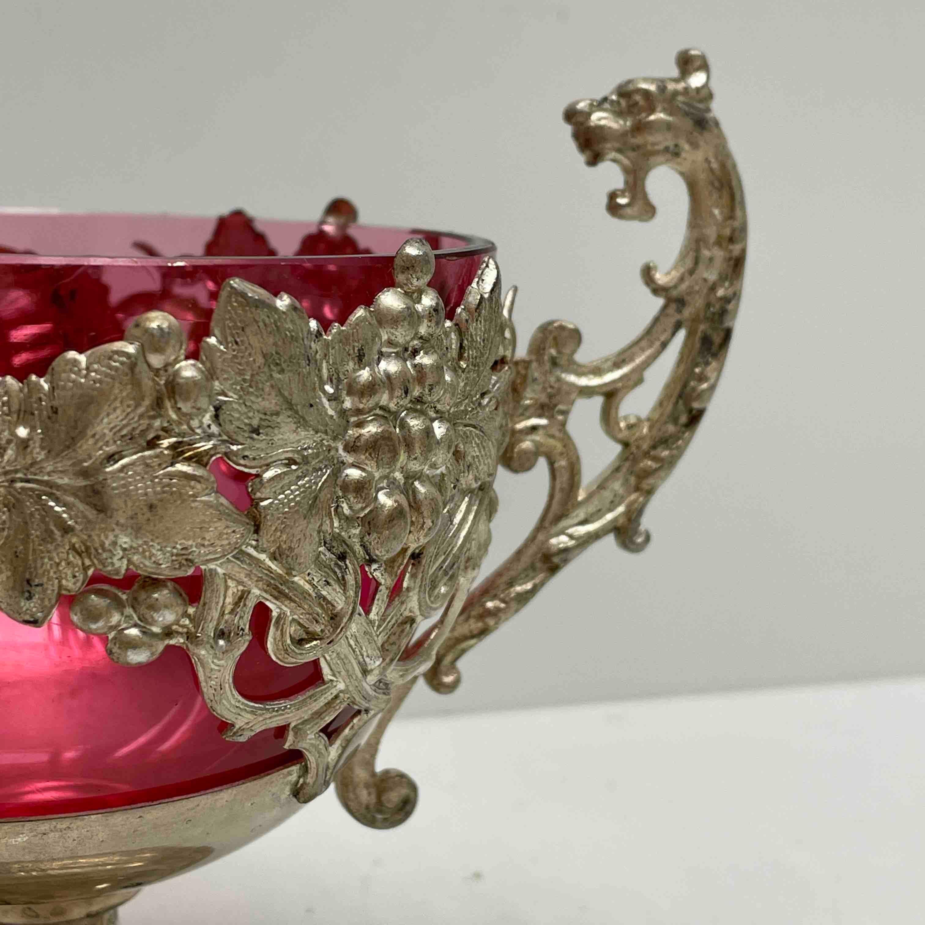 Austrian Vintage Silver Plate Dragon Handle and Pink Glass Catchall, 1910s