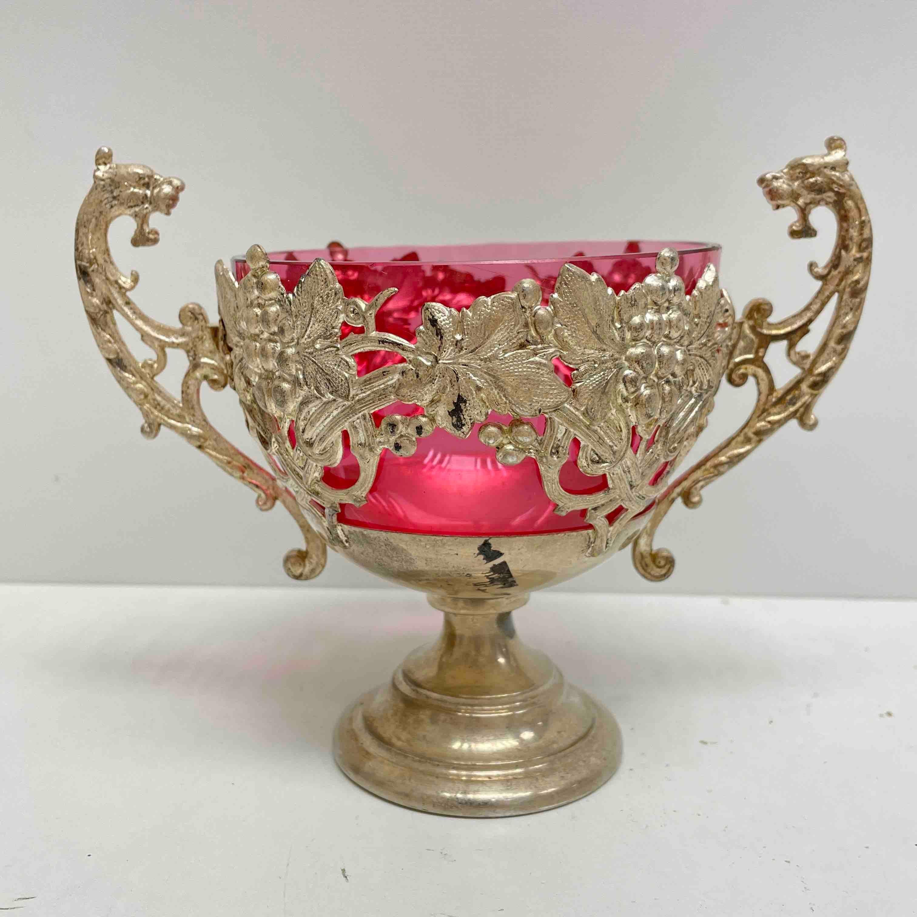 Early 20th Century Vintage Silver Plate Dragon Handle and Pink Glass Catchall, 1910s