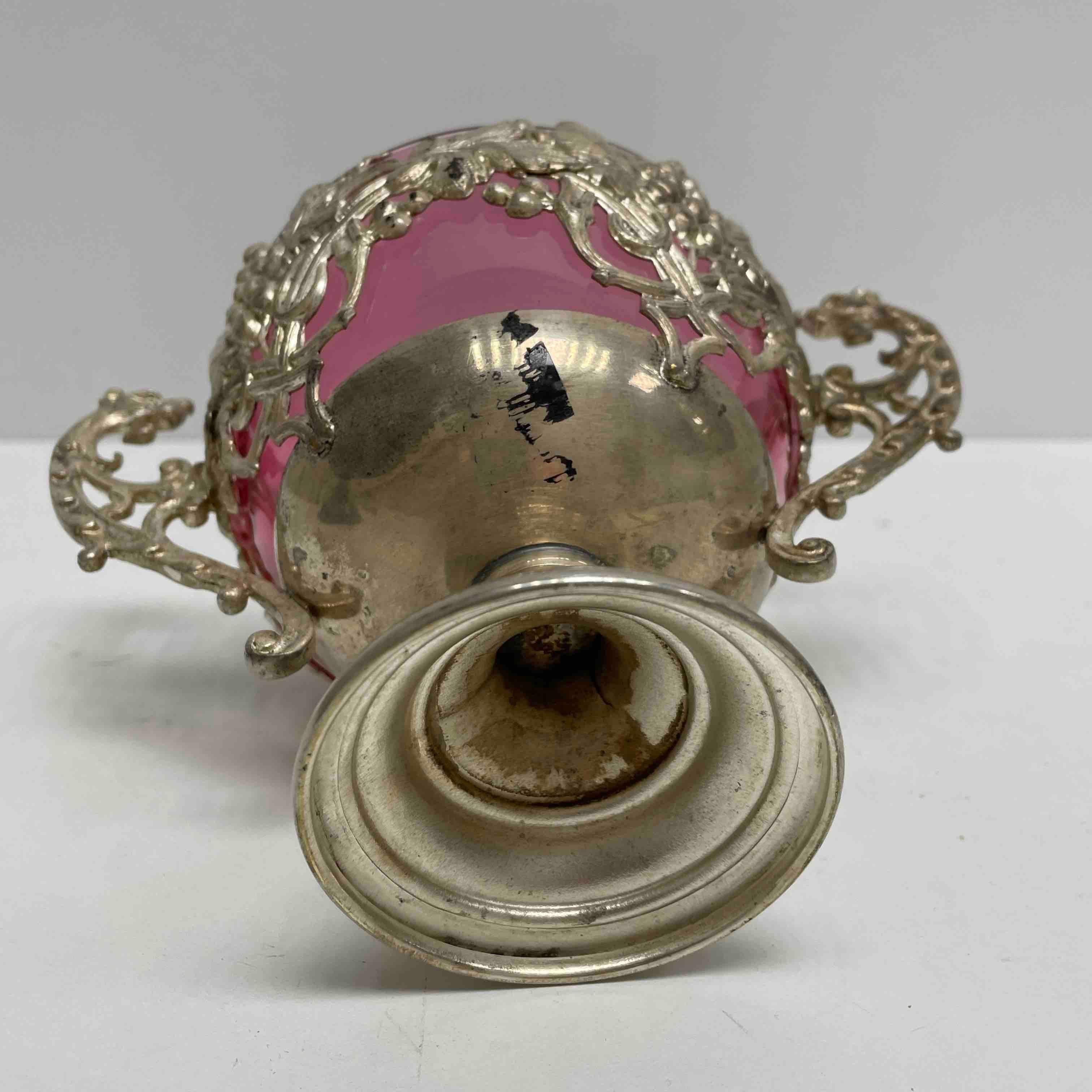 Vintage Silver Plate Dragon Handle and Pink Glass Catchall, 1910s 1