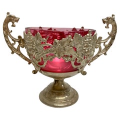 Vintage Silver Plate Dragon Handle and Pink Glass Catchall, 1910s