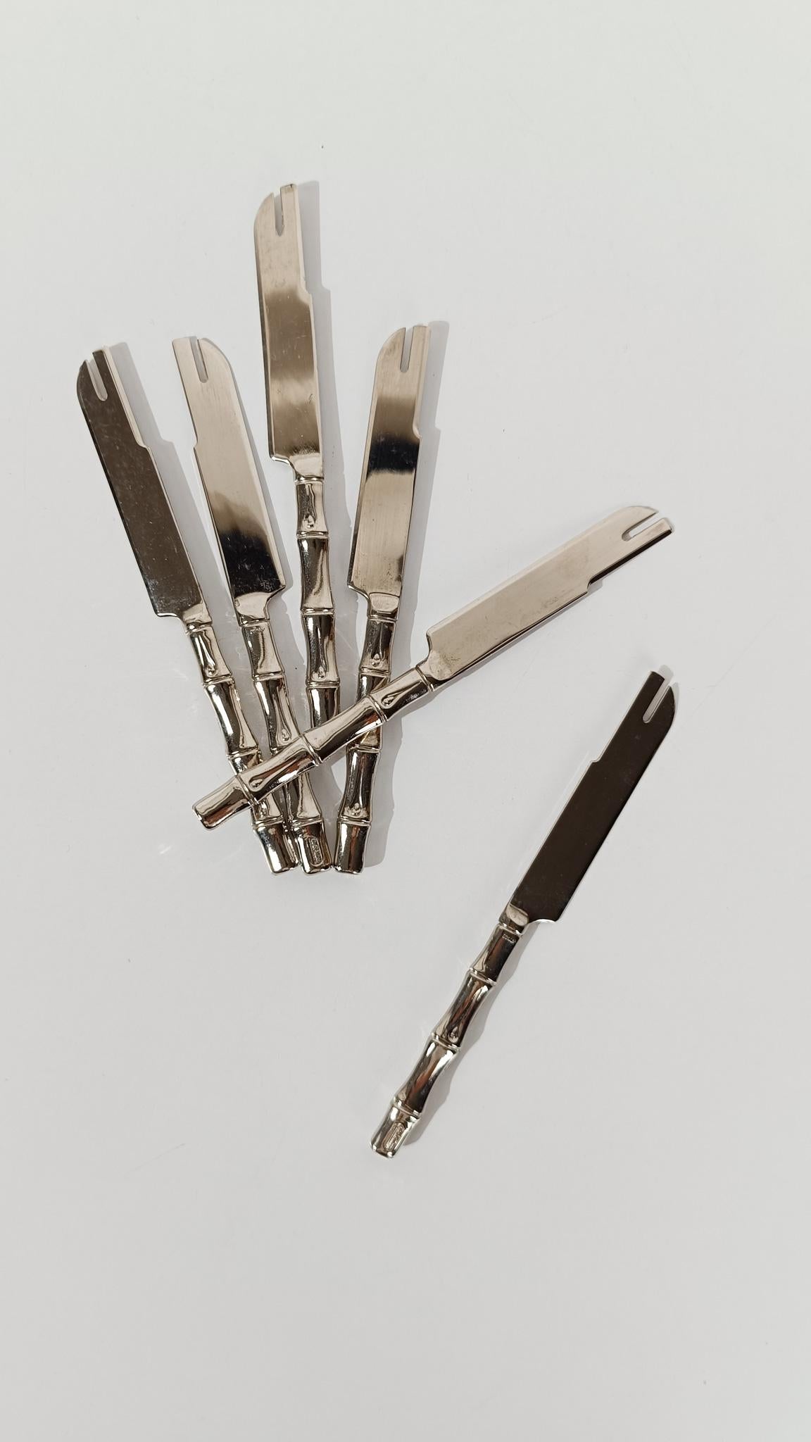 Vintage Silver Plate Faux Bamboo Flatware Dessert Set in Hollywood Regency Style For Sale 5