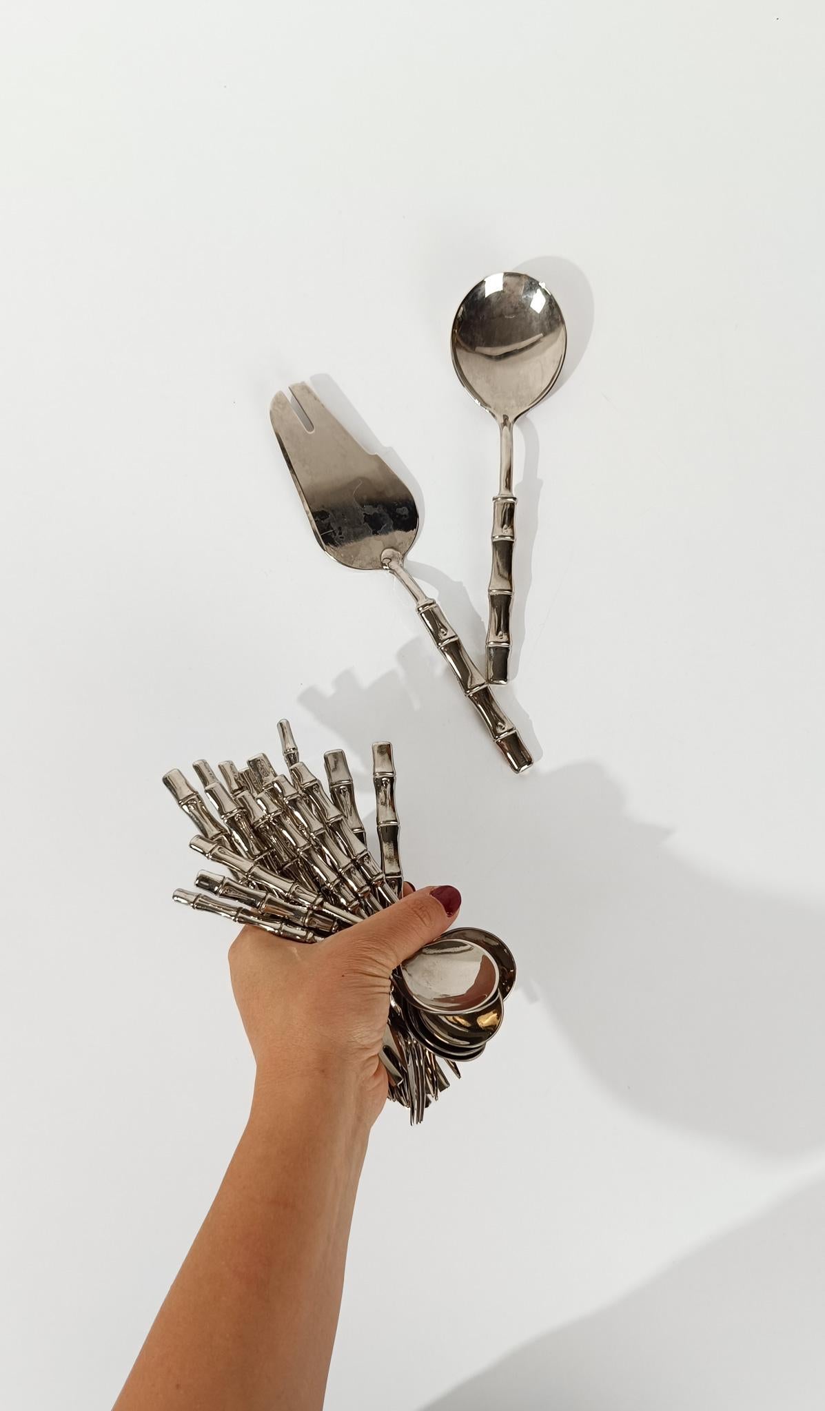 Vintage Silver Plate Faux Bamboo Flatware Dessert Set in Hollywood Regency Style For Sale 6