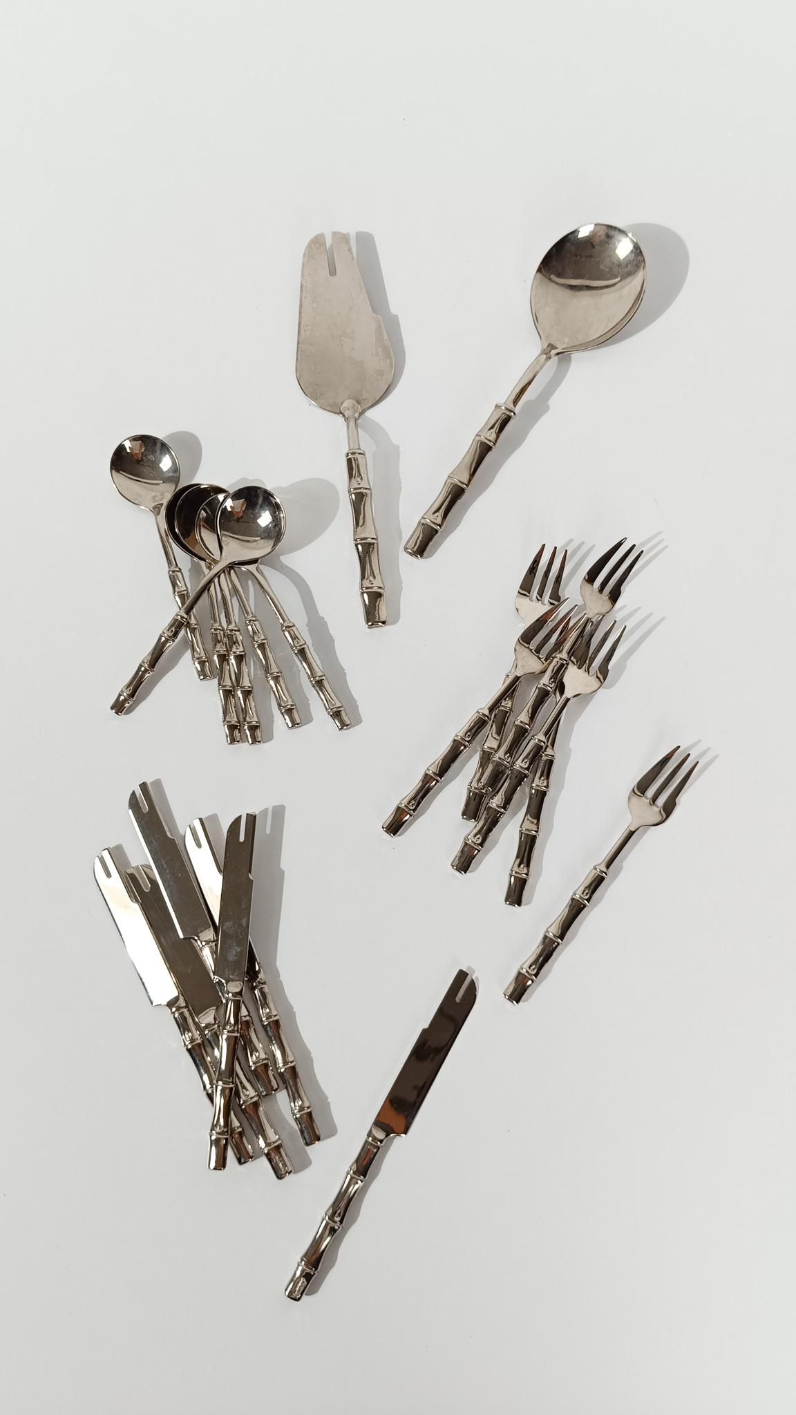 Vintage Silver Plate Faux Bamboo Flatware Dessert Set in Hollywood Regency Style For Sale 11
