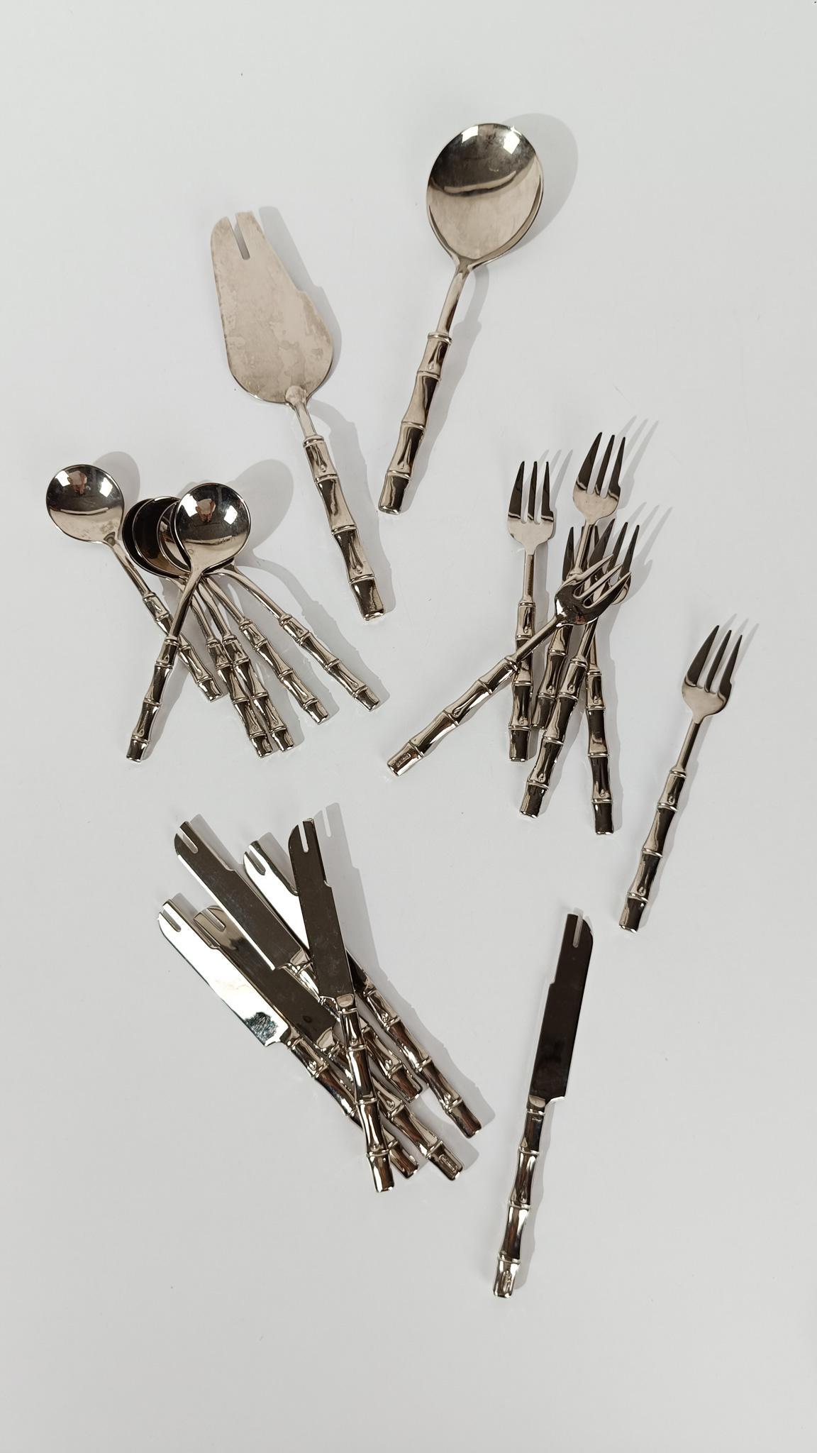20th Century Vintage Silver Plate Faux Bamboo Flatware Dessert Set in Hollywood Regency Style For Sale
