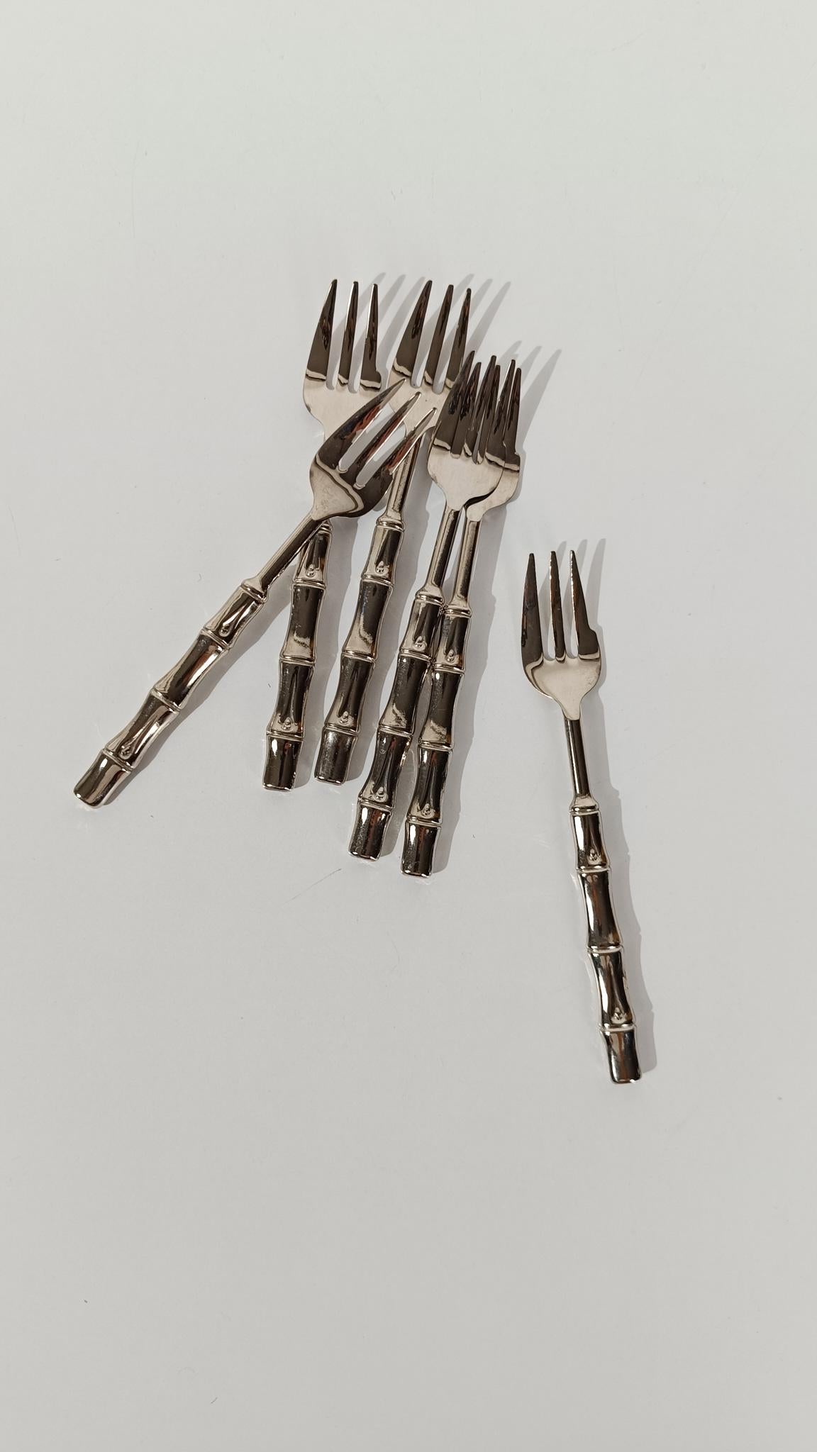 Vintage Silver Plate Faux Bamboo Flatware Dessert Set in Hollywood Regency Style For Sale 3