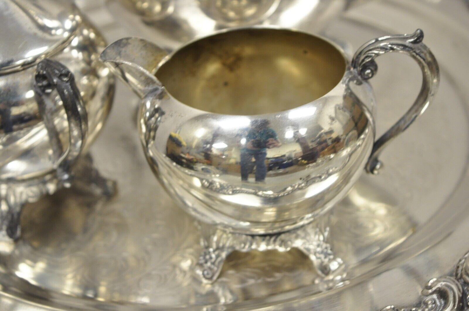 Vintage Silver Plate FB Rogers Tea Set Amston Round Serving Tray Platter In Good Condition For Sale In Philadelphia, PA