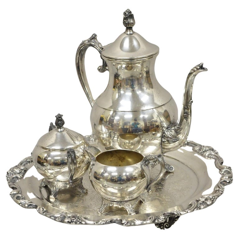 Vintage Silver Plate FB Rogers Tea Set Amston Round Serving Tray