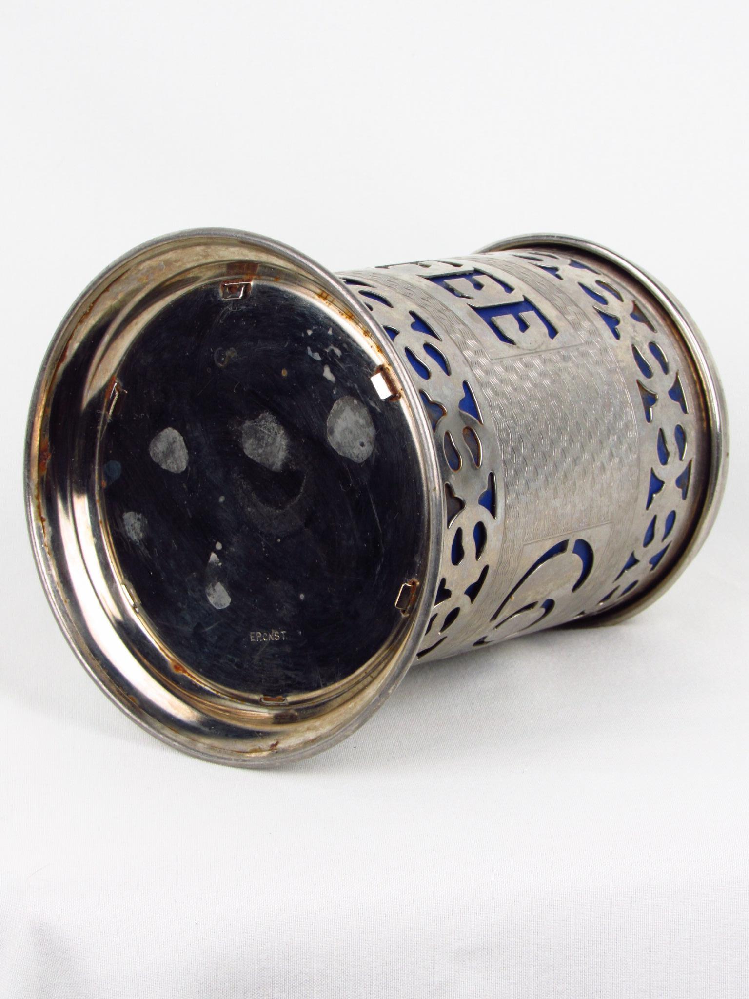 Silver-plate filigree coffee canister with lid and blue insert For Sale 5