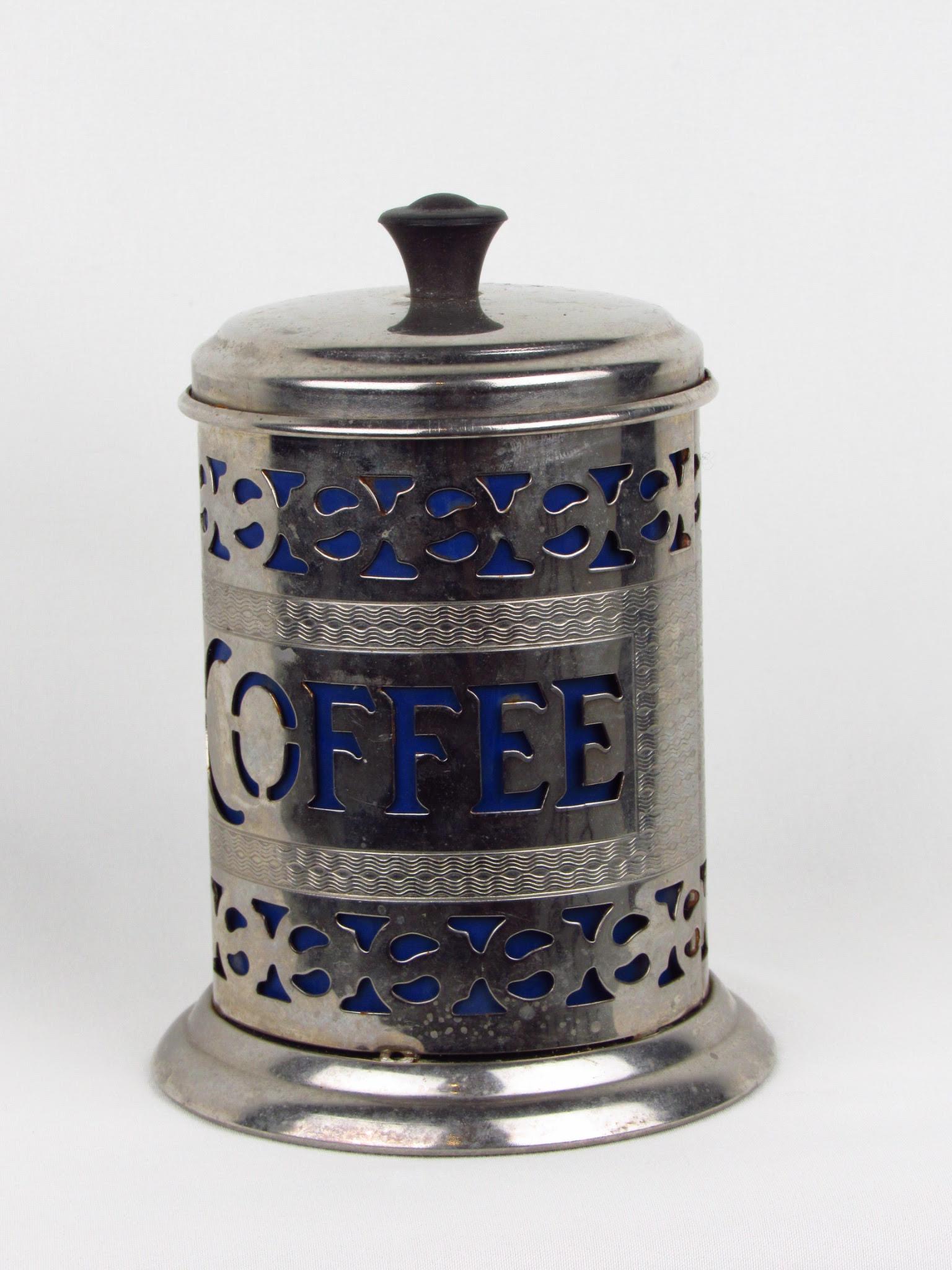 Silver-plate filigree coffee canister with lid and blue insert For Sale 6