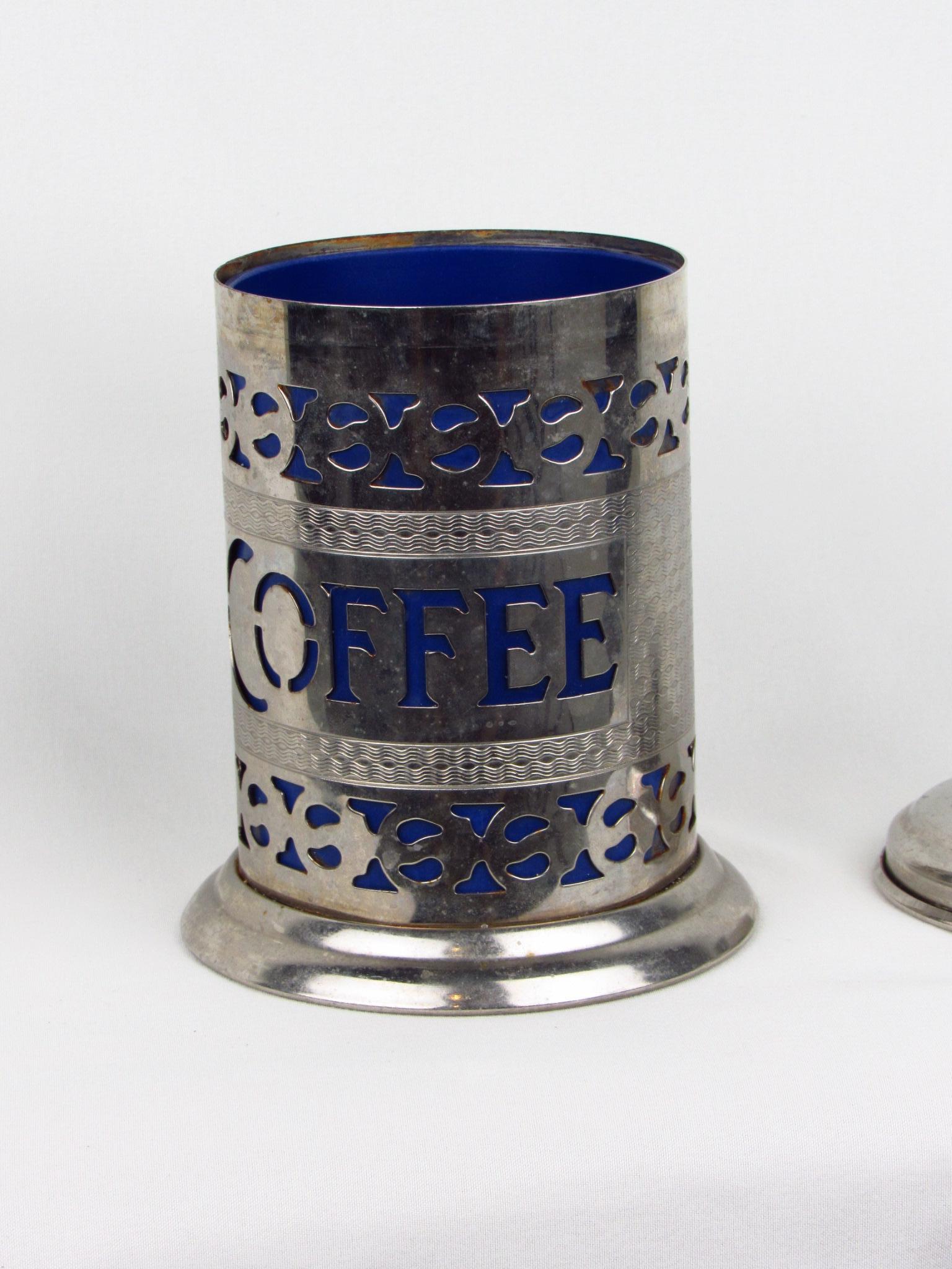 20th Century Silver-plate filigree coffee canister with lid and blue insert For Sale