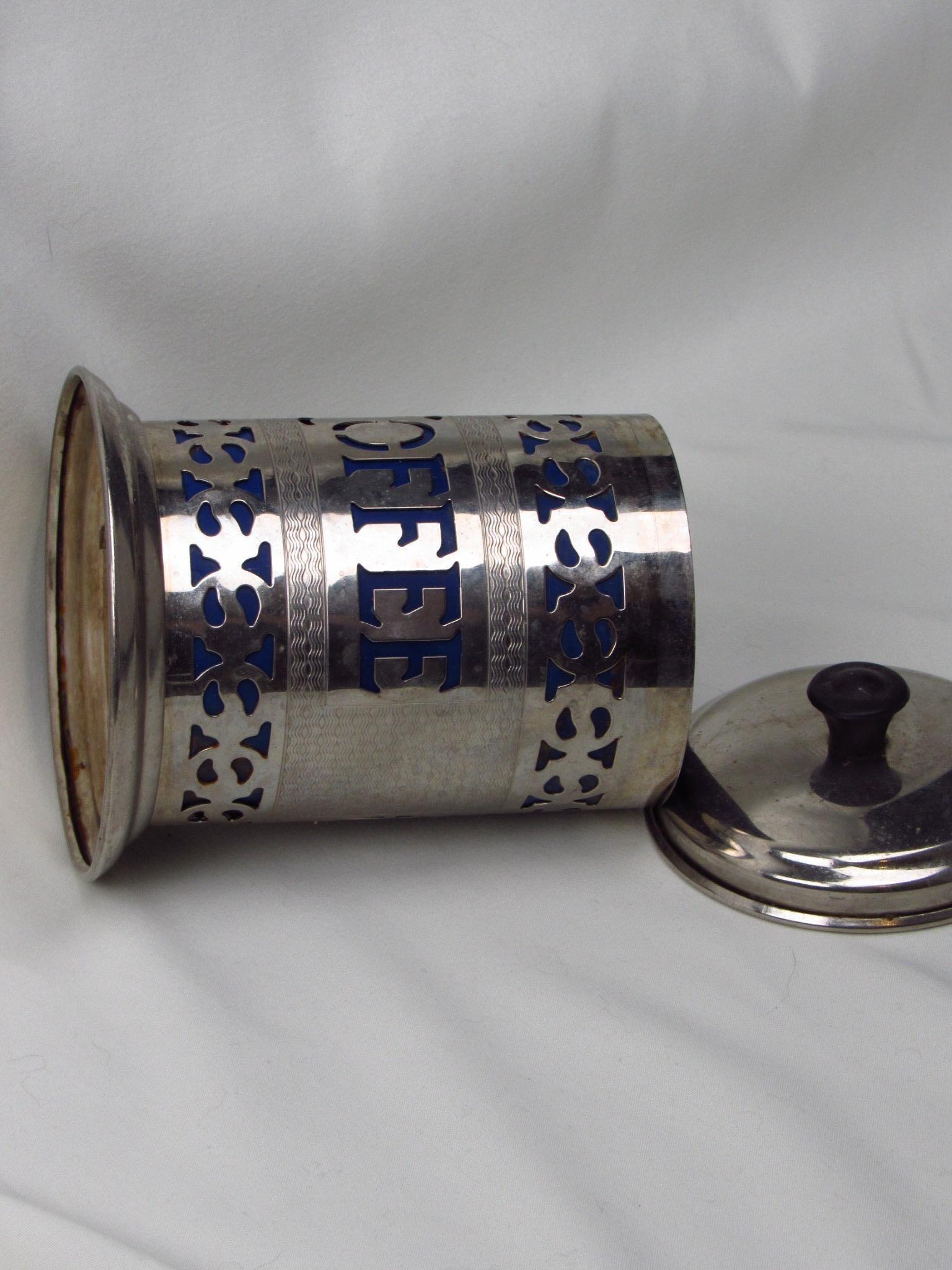 Silver Plate Silver-plate filigree coffee canister with lid and blue insert For Sale