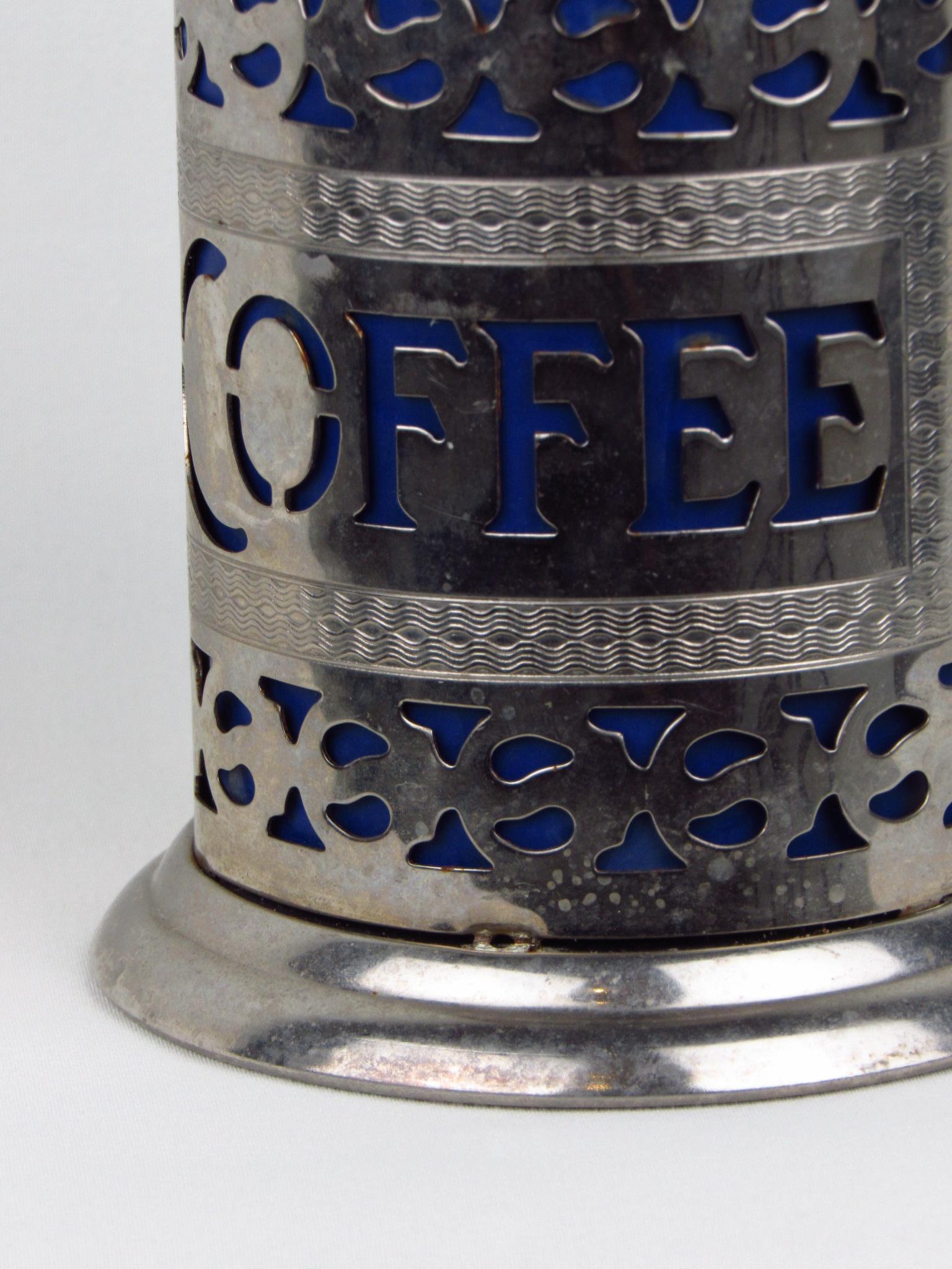 Silver-plate filigree coffee canister with lid and blue insert For Sale 2