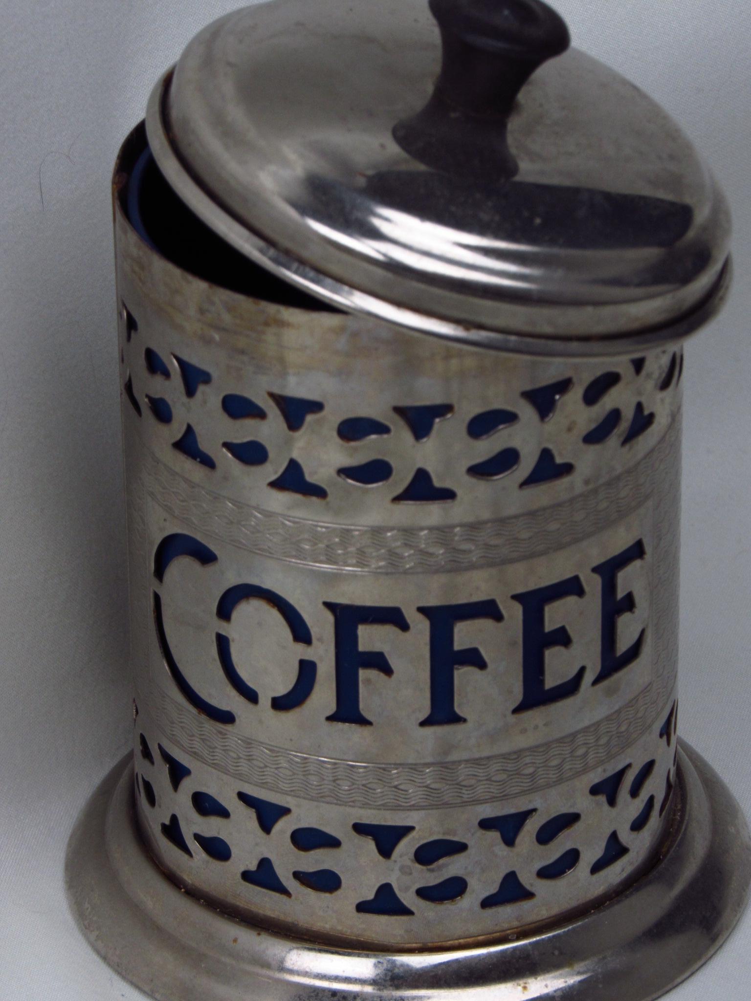 Silver-plate filigree coffee canister with lid and blue insert For Sale 3