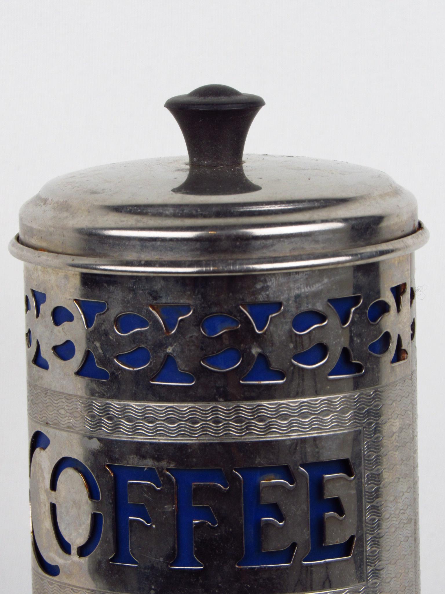 Silver-plate filigree coffee canister with lid and blue insert For Sale 4