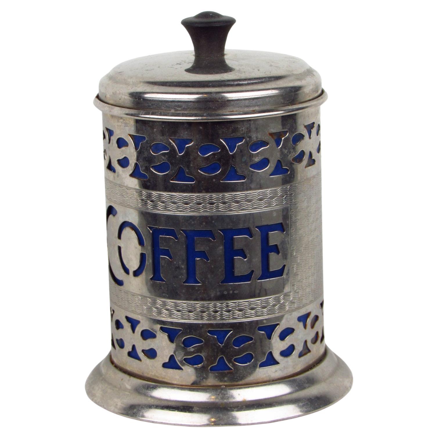 Silver-plate filigree coffee canister with lid and blue insert For Sale