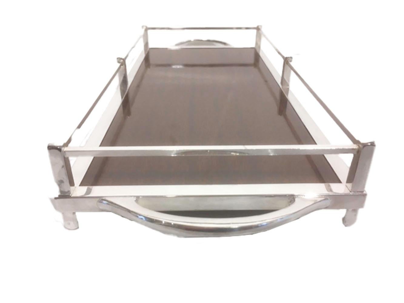 Vintage serving or drinks tray with silver plate frame having a post and rail gallery with 