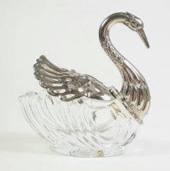 Vintage Silber Platte & Glas Schwan Form offener Salzkeller - Mitte des 20.