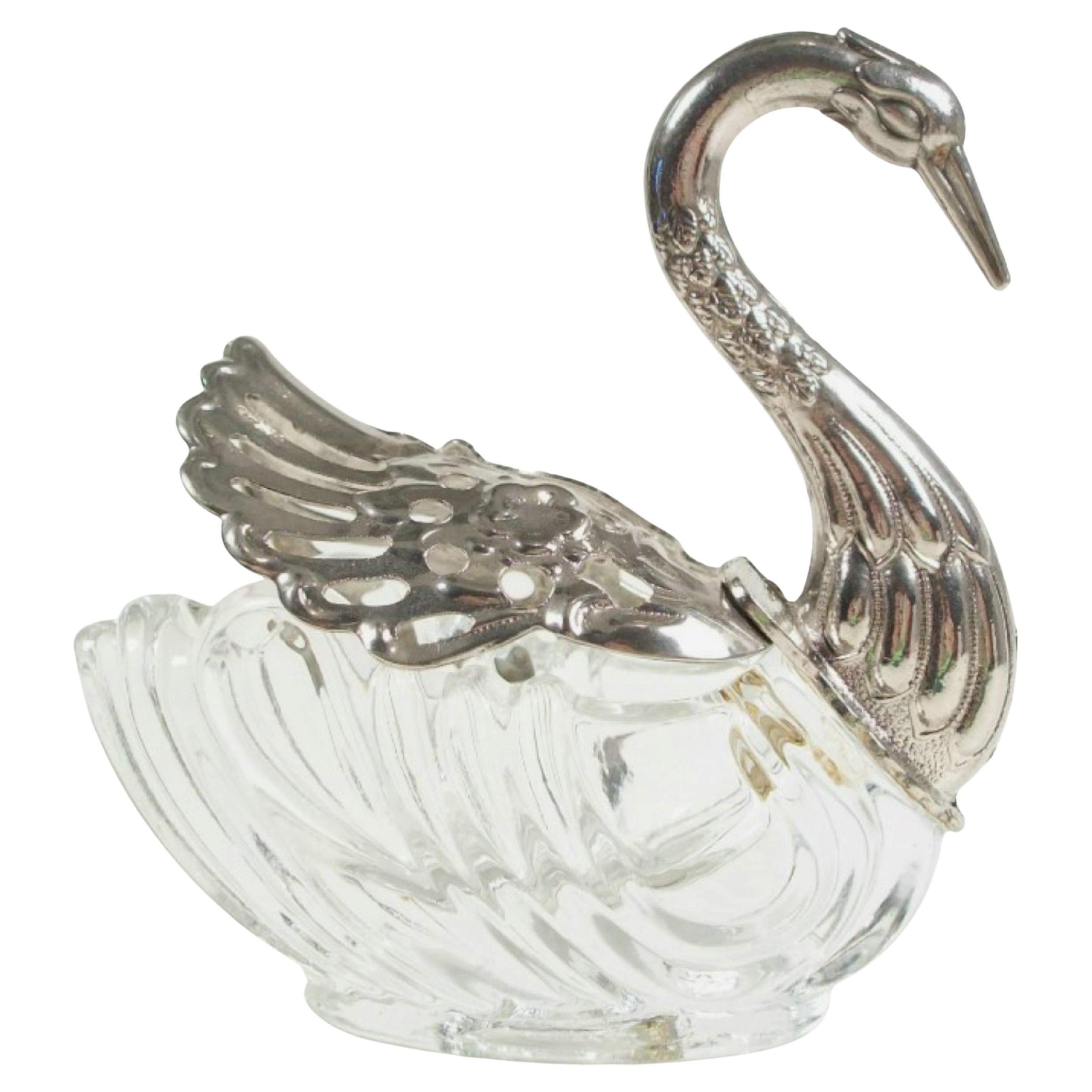 Vintage Silver Plate
Glass Swan Form Open Salt Cellar - Mid 20th Century