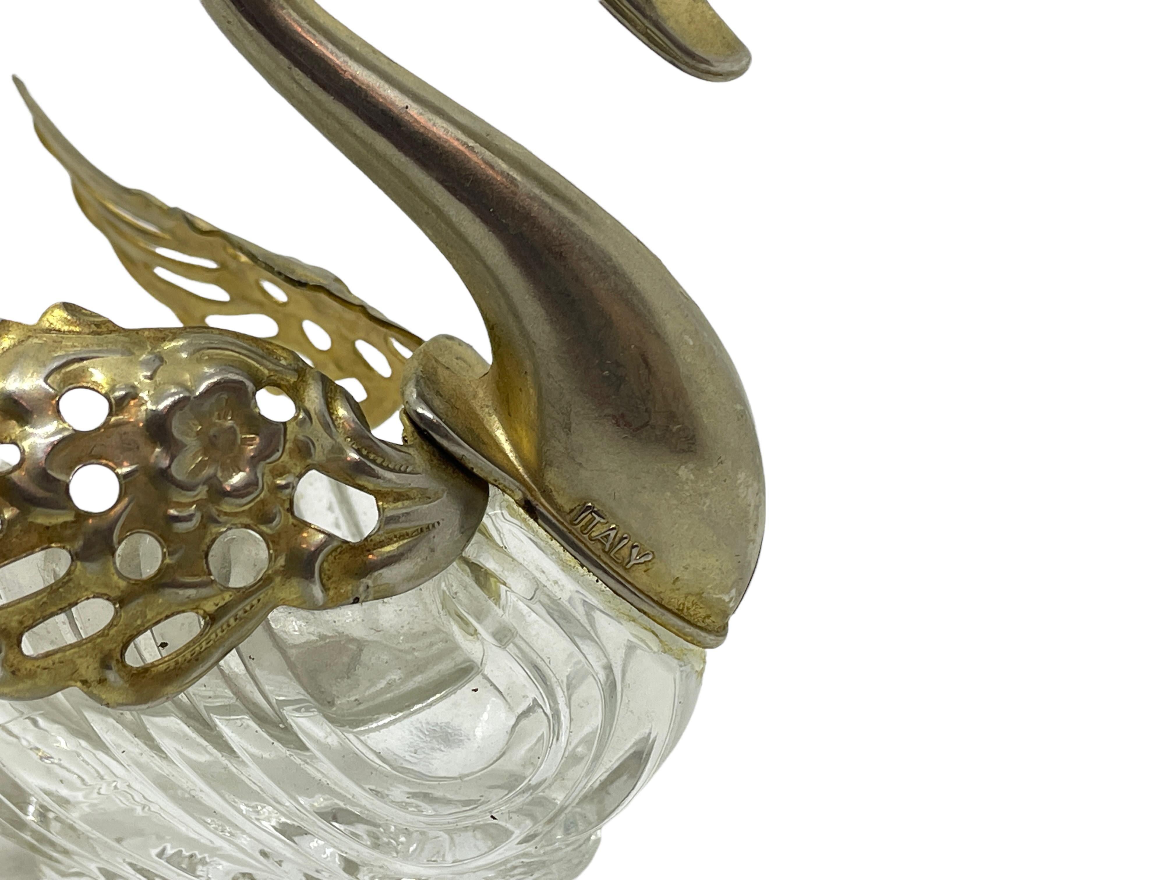 Modern Vintage Silver Plate & Glass Swan Open Salt or Sugar Pot, 1980s, Italy For Sale