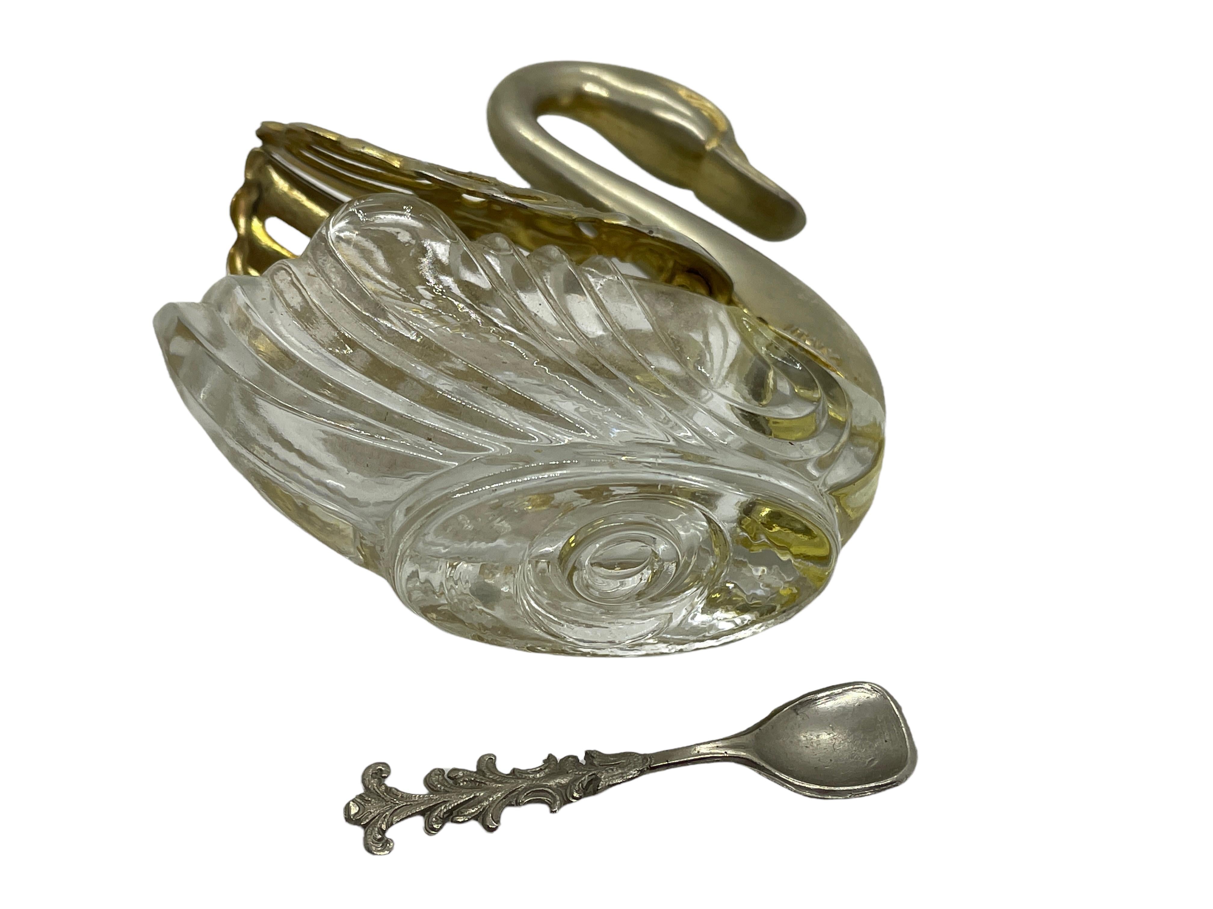 Salero o azucarero abierto vintage de plata y cristal con forma de cisne, años 80, Italia en venta 1